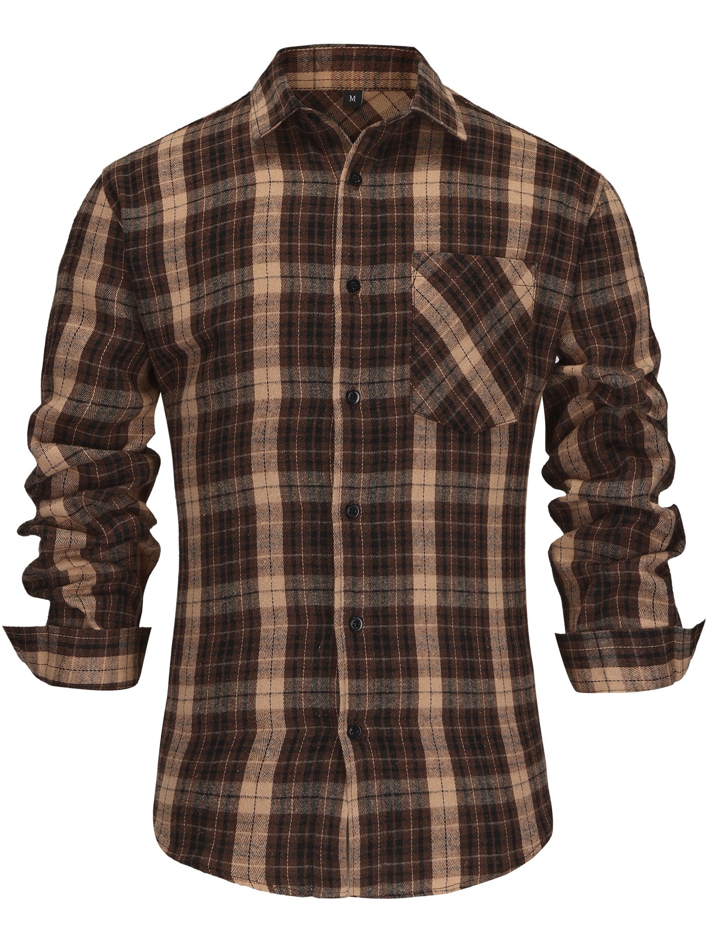 Men'S Long Sleeve Plaid Flannel Shirt - Cozy Brown & Beige Checkered Pattern, Casual Button-Up with Chest Pockets, Slim Fit for Spring/Fall, Perfect for Casual Attire, Fall Clothing | Slim Fit Shirt | Nonstretch Fabric