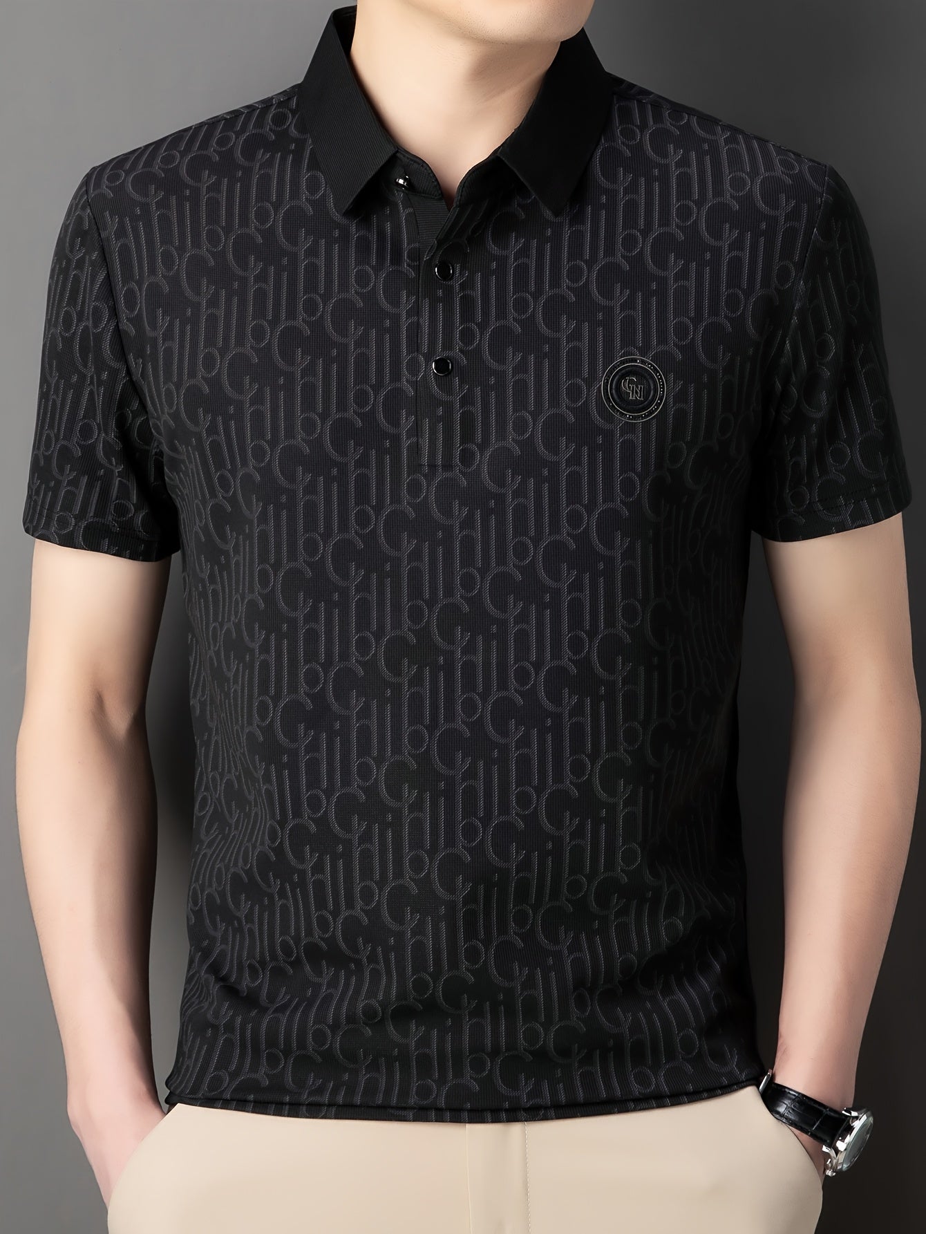 Men'S Breathable Summer Graphic T-Shirt - Short Sleeve, Button-Up Collar, Casual Streetwear with Stylish "H" Print Design, Lightweight Polyester Fabric for Golf, Tennis & Weekend Outing