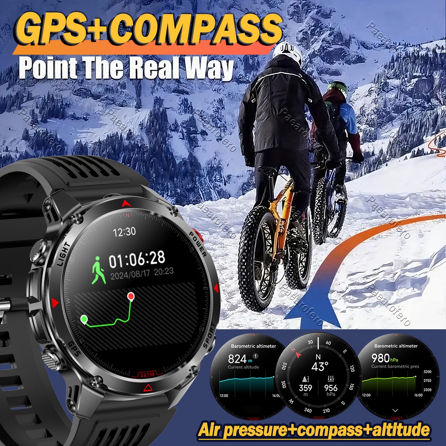 2025 new GPS smartwatch with flashlight, full touch screen, wireless calling, music playback, for iPhone/Android, equipped with GPS, compass, altimeter, barometer, calendar, calculator, calorie pedometer, fitness tracker, swi