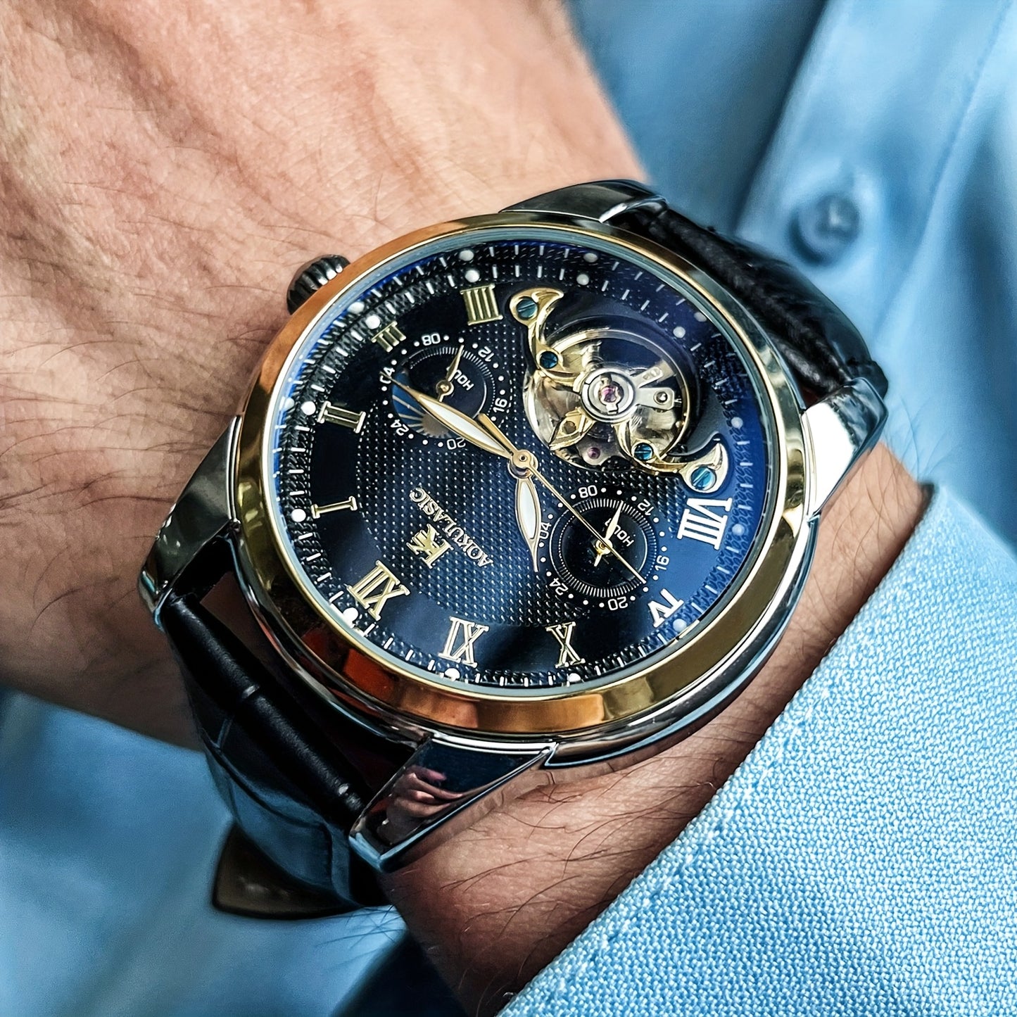 Luxury Automatic Mechanical Watch for Men - Fashionable and Versatile Casual Style - Light Luxury High-end Sun, Moon, Stars 24-Hour Function - Automatic Winding Luminous Hands - Business Demeanor Style - Gift for V