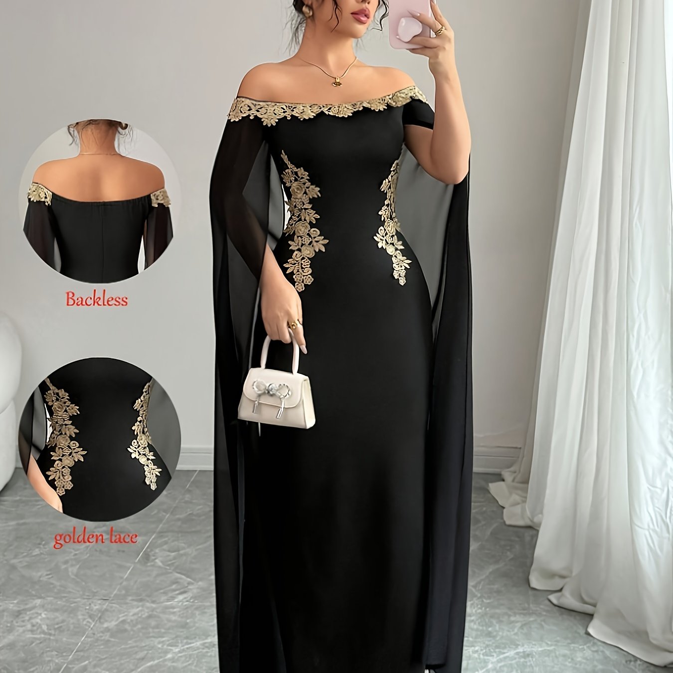 Sexy, Elegant and Versatile Daily Wear Golden Floral Embellished Off-Shoulder Sheer Cape Fitted Waist Golden Appliqué Long Mermaid Hem Bodycon Dress