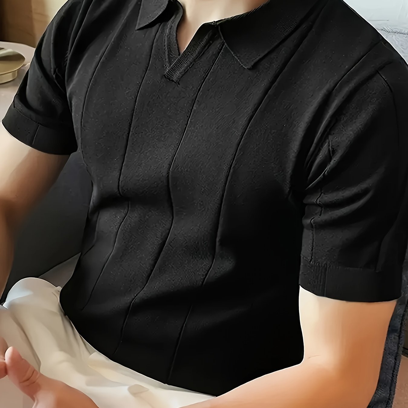 Men'S Solid Color Knitted Short-Sleeve Polo Shirt for Business Casual Wear