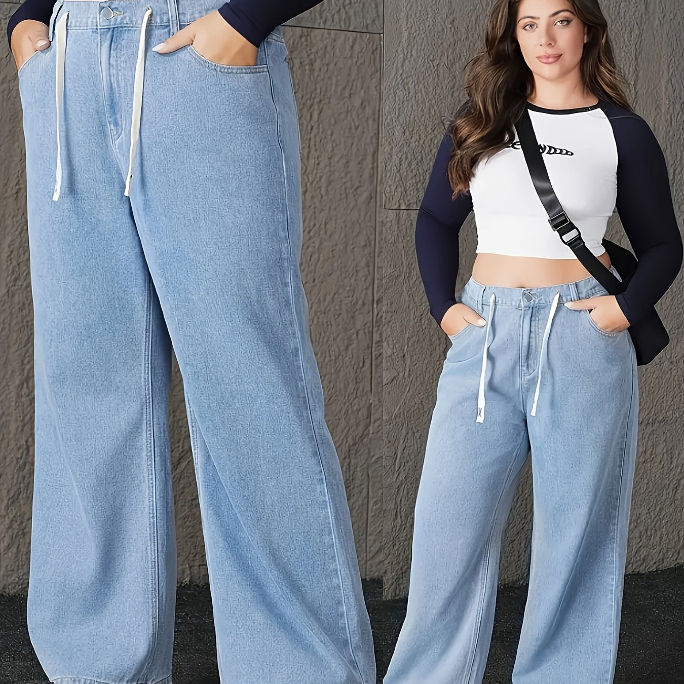 Jeans Femme Grande Taille Taille Haute Jambe Large Non Extensible Ceinture Cordon Toute Saison Polyvalent