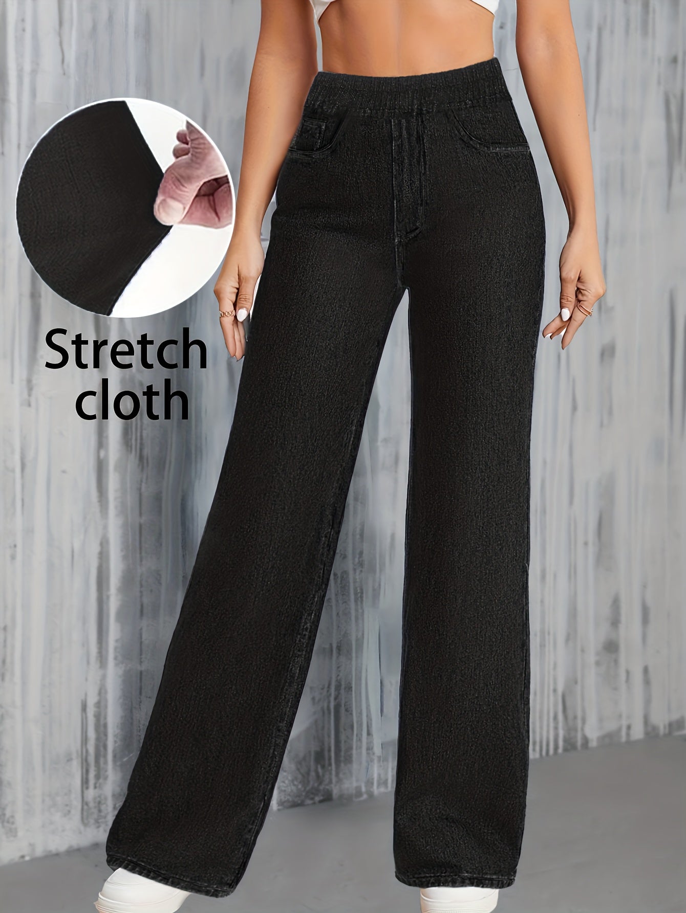 Jeans Femme Taille Haute – Jambe Droite Extensible, Bleu Effet Usé, Tous Saisons, Bureau et Décontracté