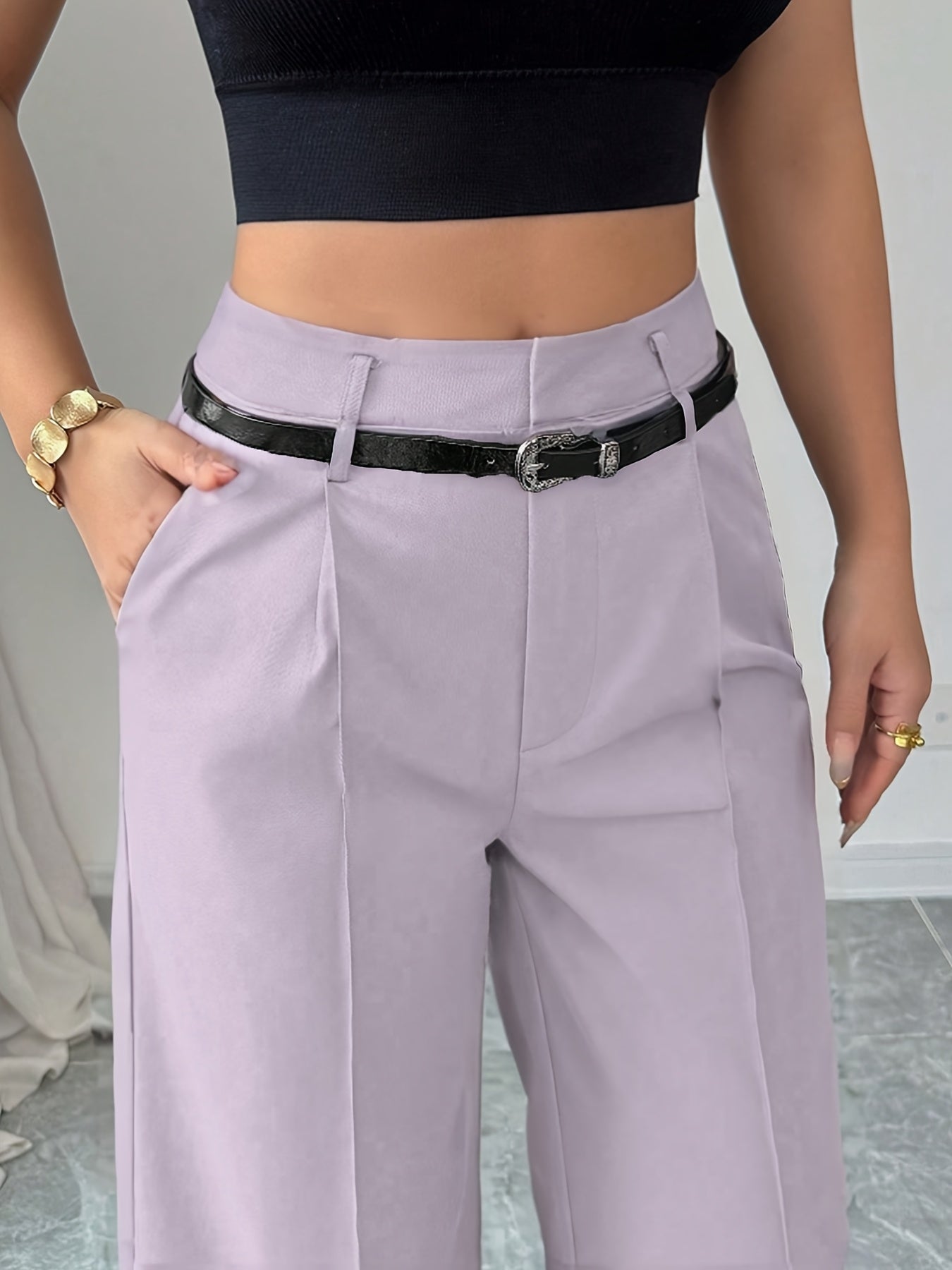 Pantalon Femme Noir Chic – Jambe Droite Taille Haute avec Ceinture Vintage, Bureau et Décontracté, Printemps/Été/Automne