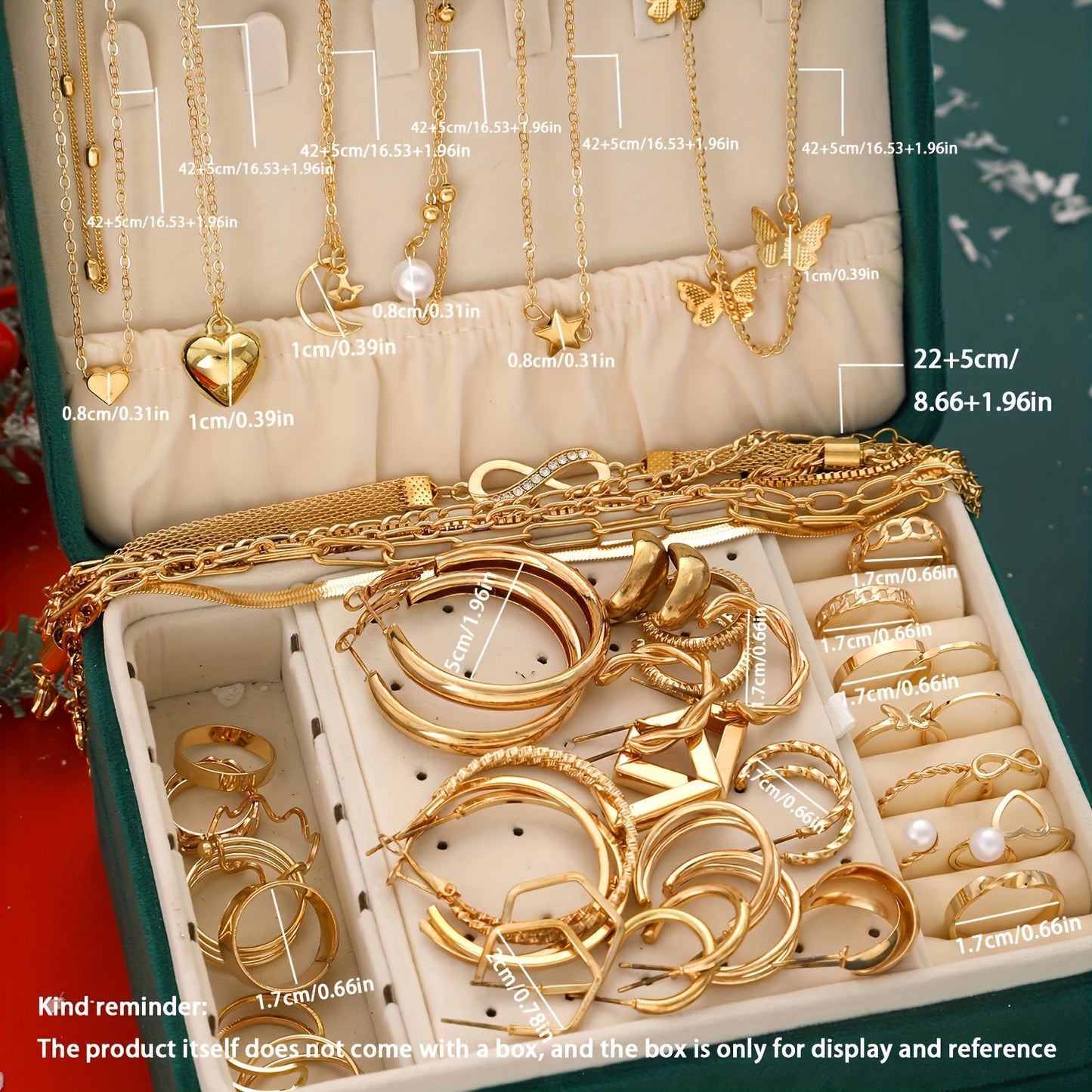 Ensemble de 58 pièces de bijoux femme, collier cœur et papillon, boucles d’oreilles, bracelet et bague avec zirconia synthétique et perles, thème Noël, élégant et polyvalent