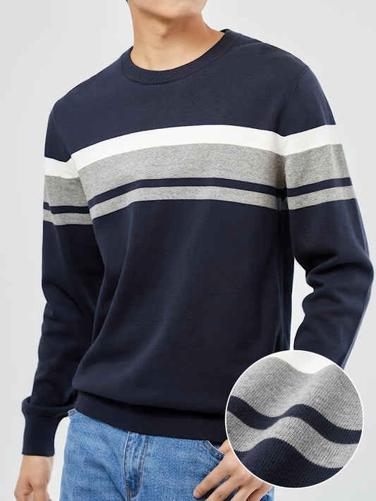 Men's Slim Fit Striped Knit Sweater - Navy Blue & Gray Horizontal Stripes, Medium Stretch Round Neck Pullover for Autumn Winter Casual Wear, Machine Washable