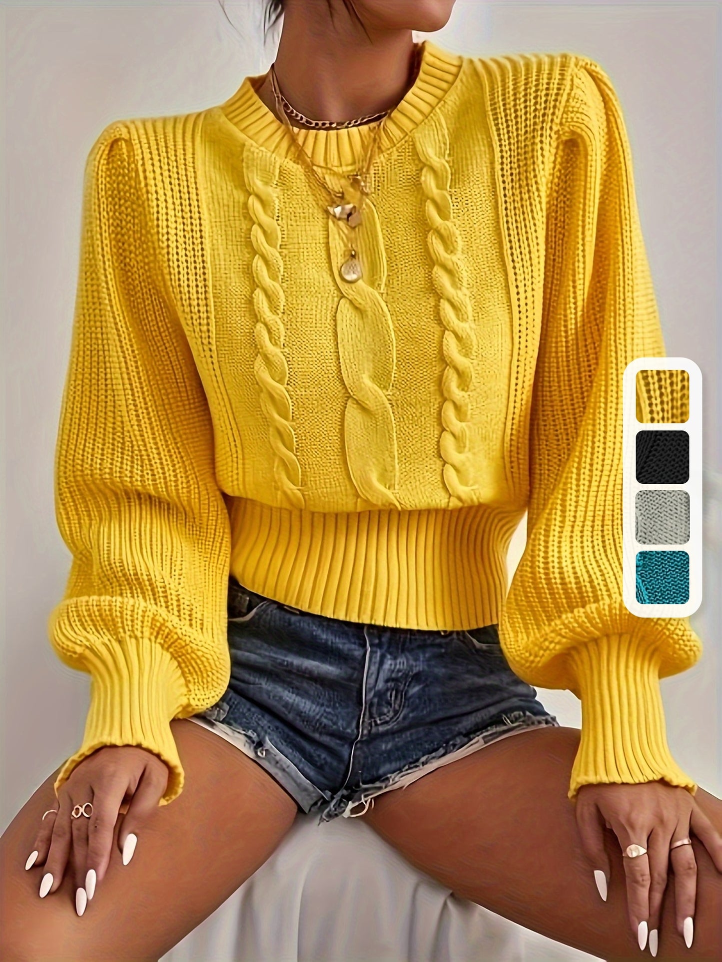 Pull Femme en Maille Acrylique – Col Rond, Couleur Unie avec Détail Volant, Automne/Hiver