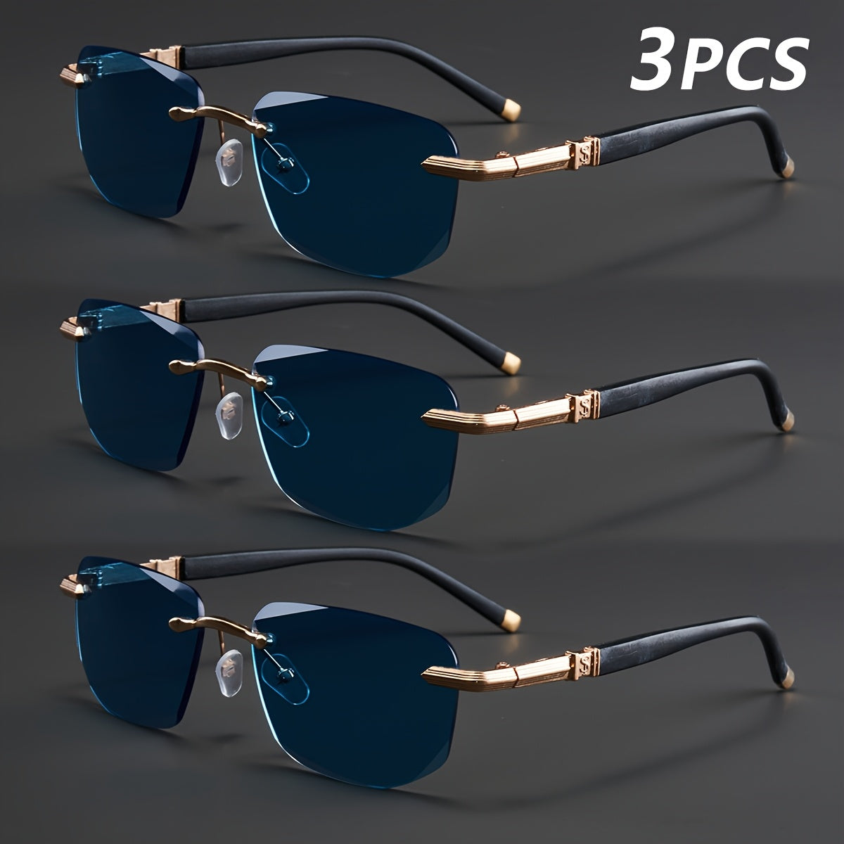 3-Pack, Stylish Men's Frameless Reading Glasses, Elegant Metal Frame, Options: 100, 150, 200, 250, 300, 350, 400 Degrees,christmas Gifts