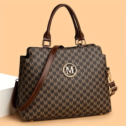 Sac rétro Pied-de-poule femmes blanc et marron logo doré M bandoulière réglable élégant