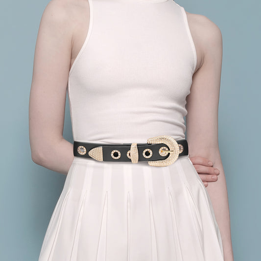 Ceinture punk en simili cuir pour femmes – Œillets cloutés et strass, style rock robuste avec boucles carrée et ronde, éléments dorés, noir et doré/marron, polyvalente pour jeans, robes et pantalons
