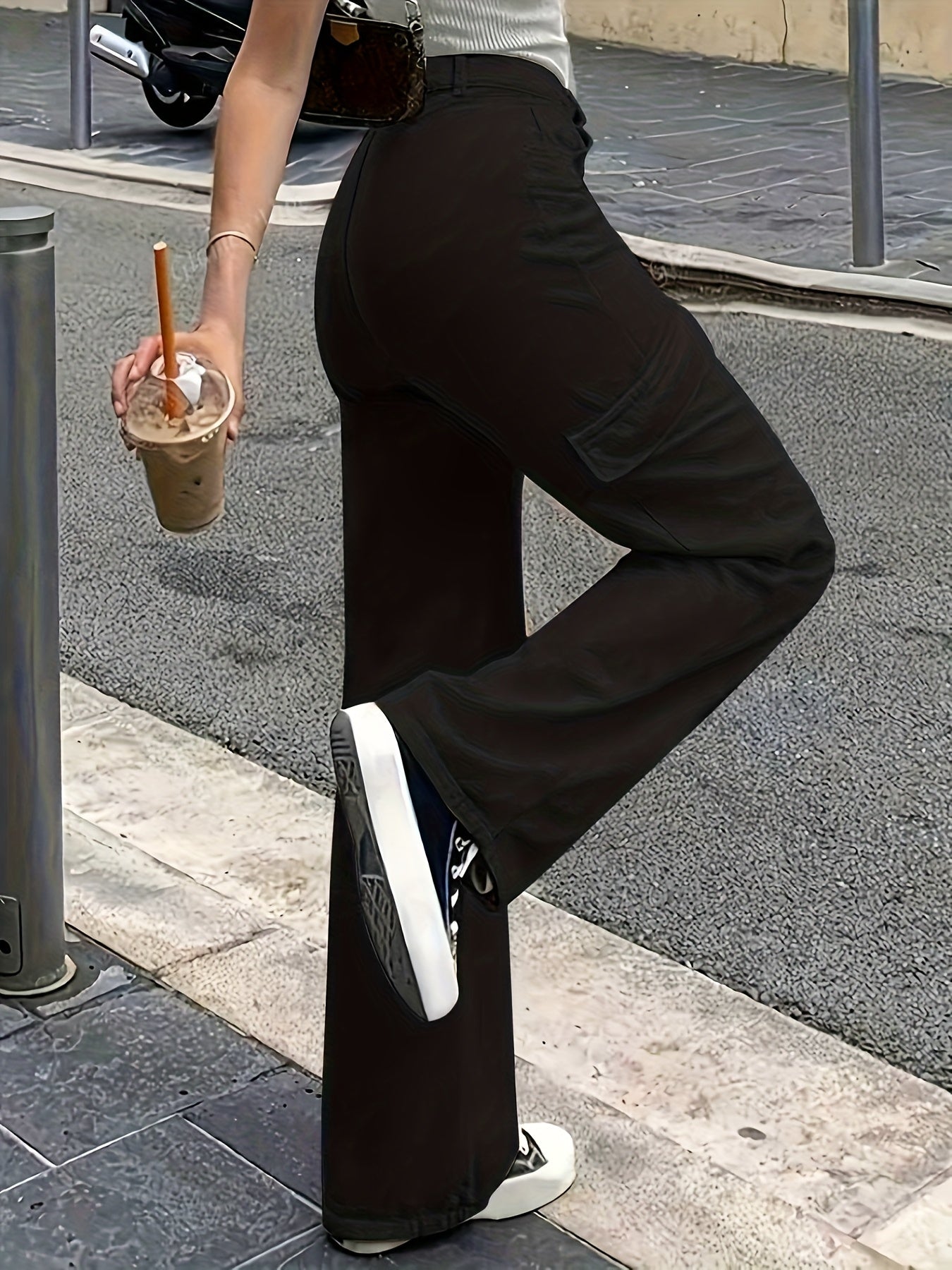 Pantalon Cargo Femme Taille Haute – Jambe Large avec Boutons, Tous Saisons