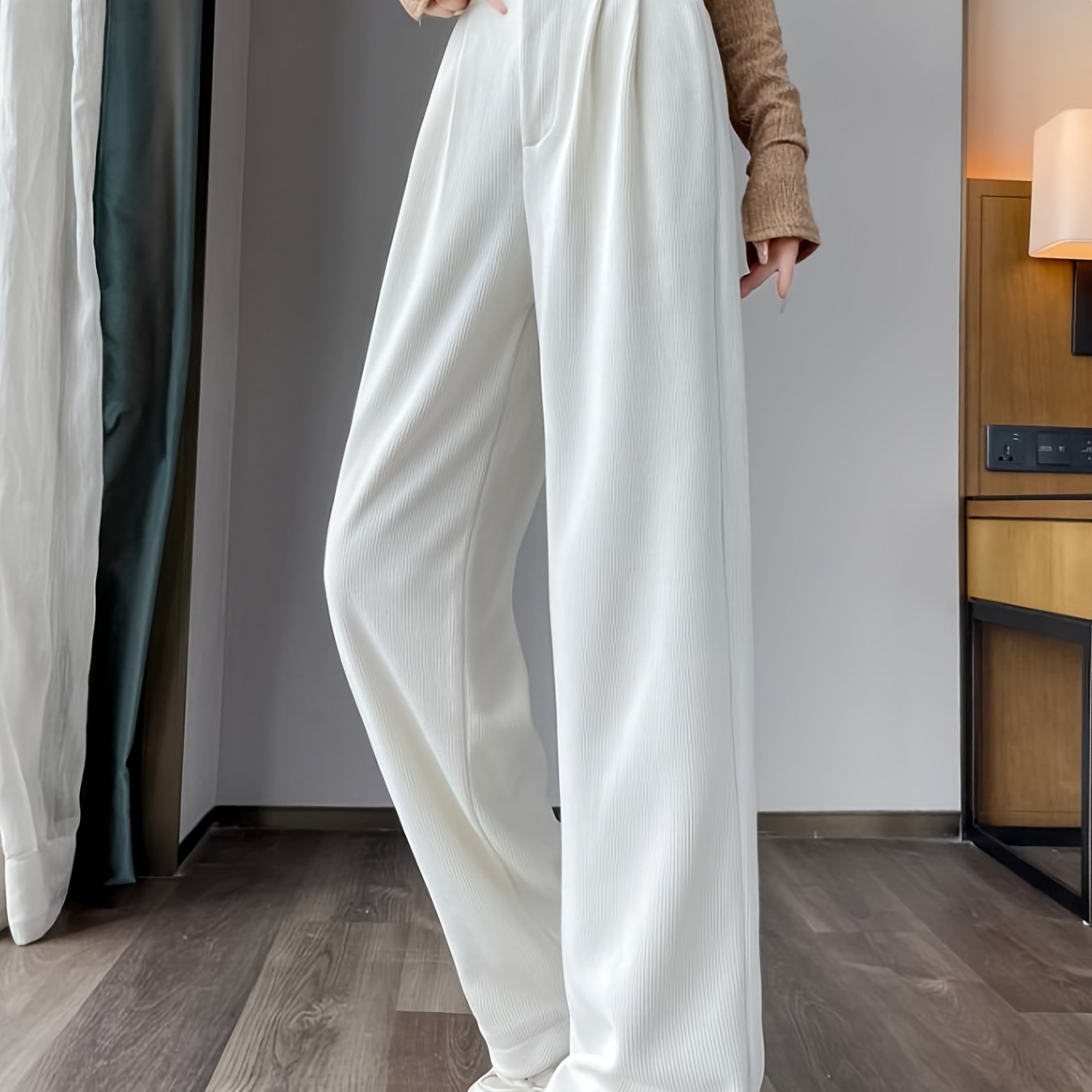 Pantalon Femme Jambe Large – Élégant, Taille Haute, Tissu Non Extensible, Bureau et Décontracté, Automne/Hiver