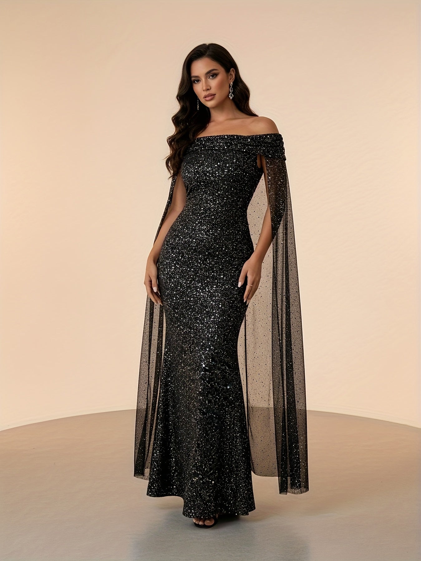 Elegant Off-Shoulder Silver Cape Evening Gown for Women, Long Dress for Autumn (Non-Sequined)