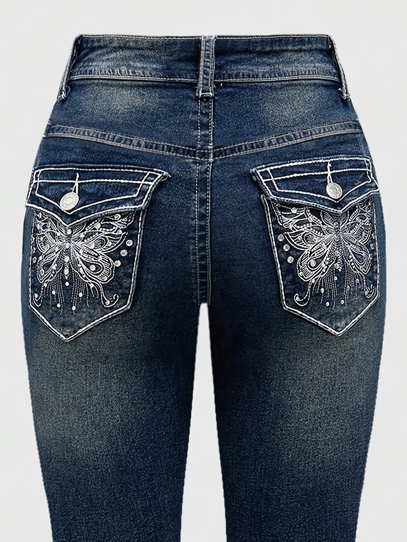 Jeans Femme Élégant Évasé Extensible Denim Poches Brodées Strass Confort Taille Mi-Haute Poches Obliques Toute Saison