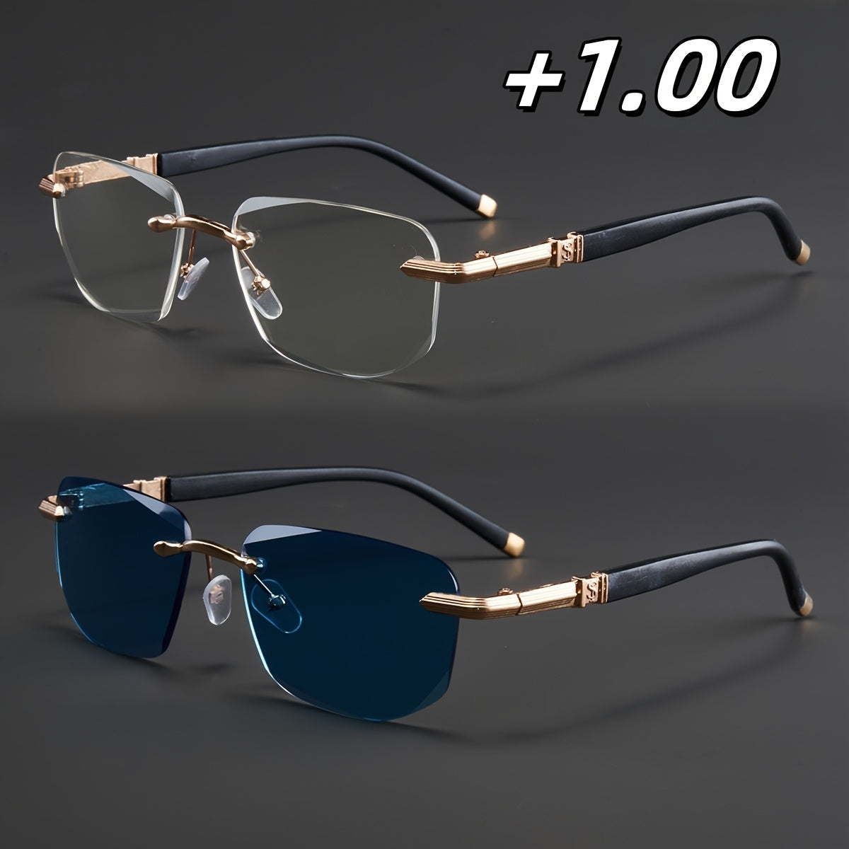 Two Pairs, Bundled Set, Stylish, Men'S, Exquisite, Luxurious, Rimless, Beveled Edge, Reading Glasses, Metal Frame, Options: 100, 150, 200, 250, 300, 350, And 400 Degrees, Without Battery, Christmas Gifts