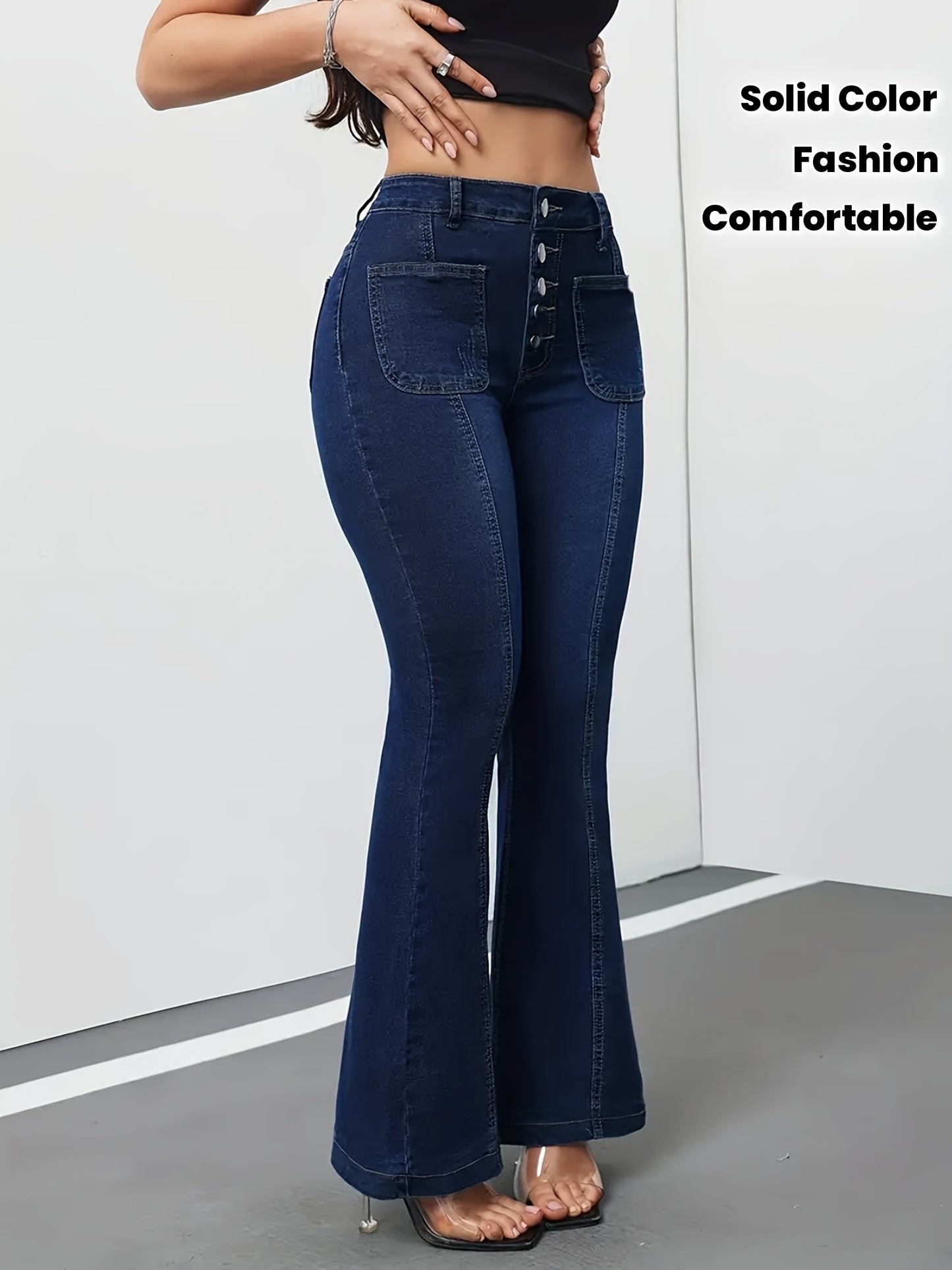 Jeans Femme Extensible Slim-Fit Taille Haute Boutons Micro Évasé Couleur Unie Toute Saison Lavable Confortable Élégant