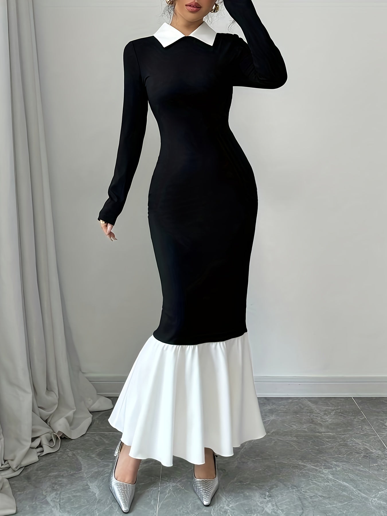 A Long-Sleeved Dress with a Shirt Collar, Featuring a Color-Blocking Design That Is Tailored to Create a Slim Silhouette, Perfect for Daily Commutes, Casual Outings, And Elegant Gatherings.
