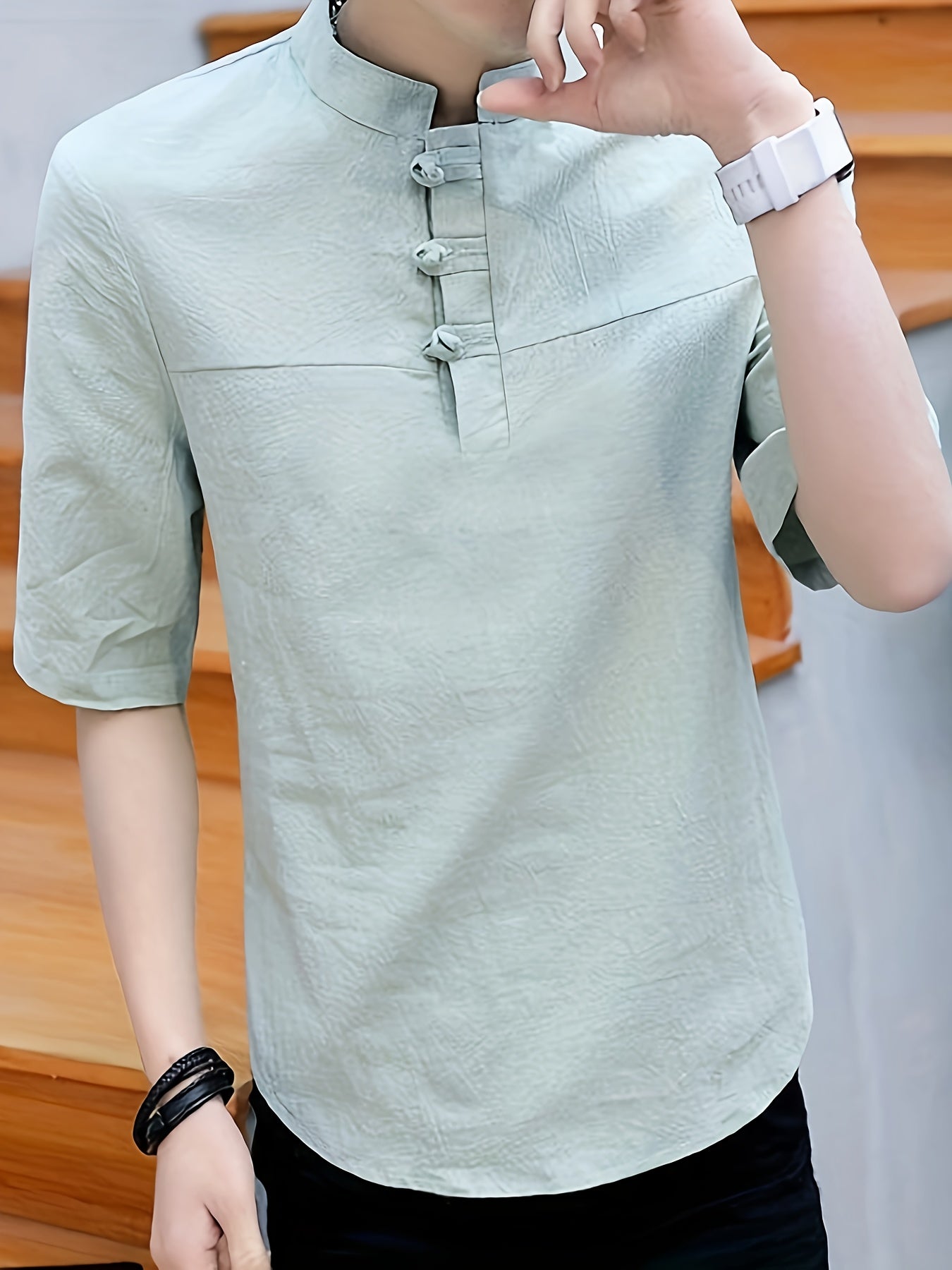 Men's Pure Cotton Chinese Style Stand Collar Top Summer Short Sleeve T-Shirt High End New Traditional