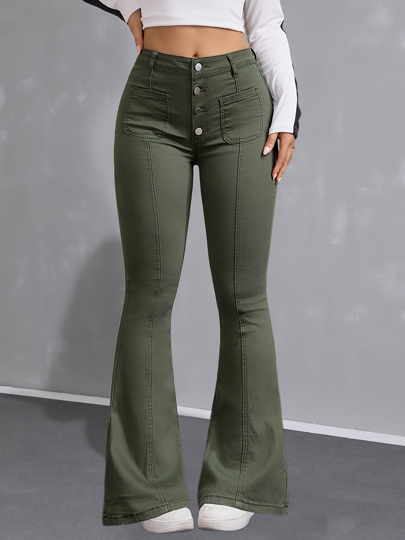 Jeans Femme Taille Haute Vert – Jambe Évasée, Extensible, Boutonnage Simple