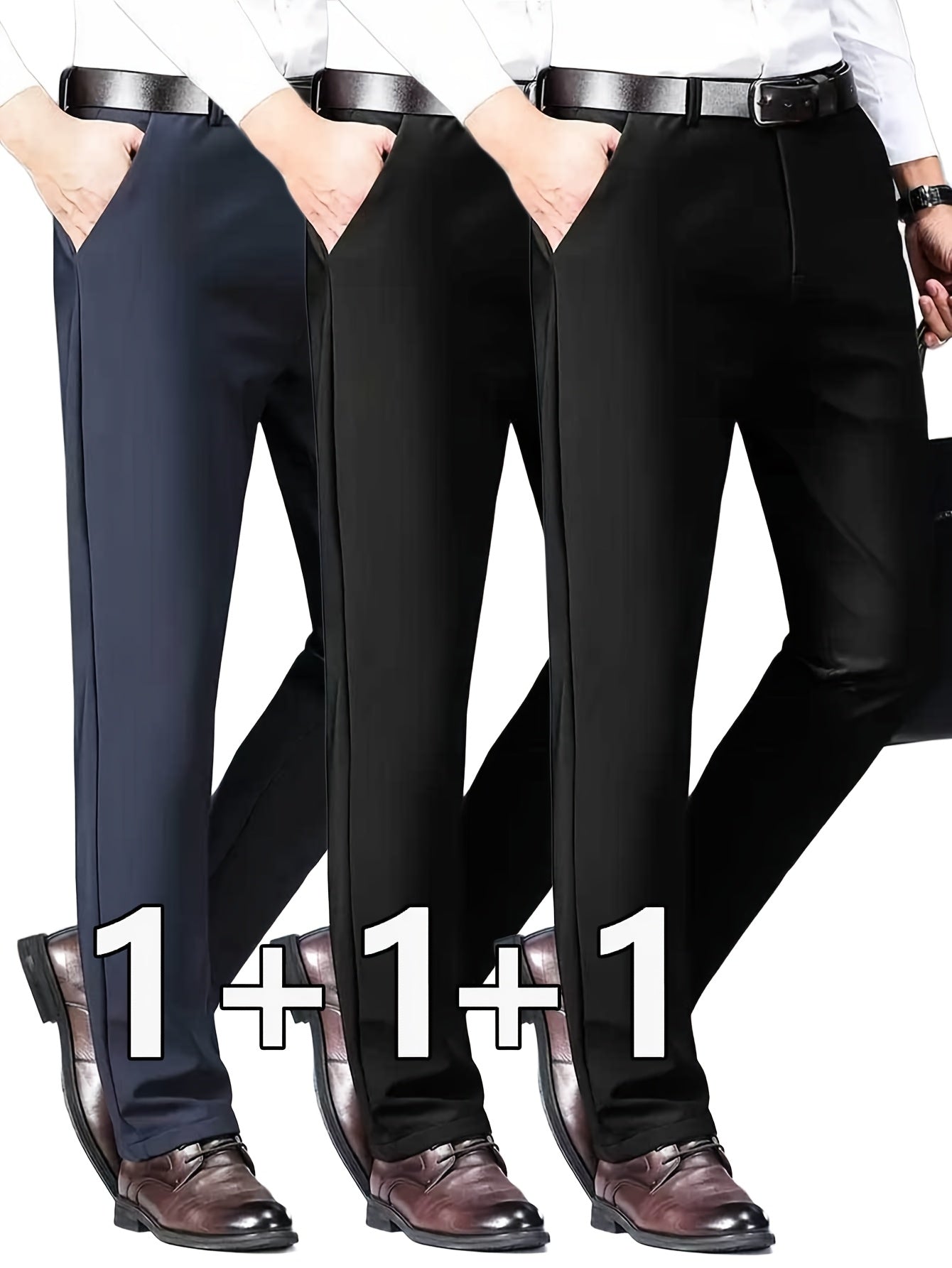 3pcs Pantalons Homme Classiques Stretch – Uni, Regular Fit, Tout Saison, Bureau & Casual