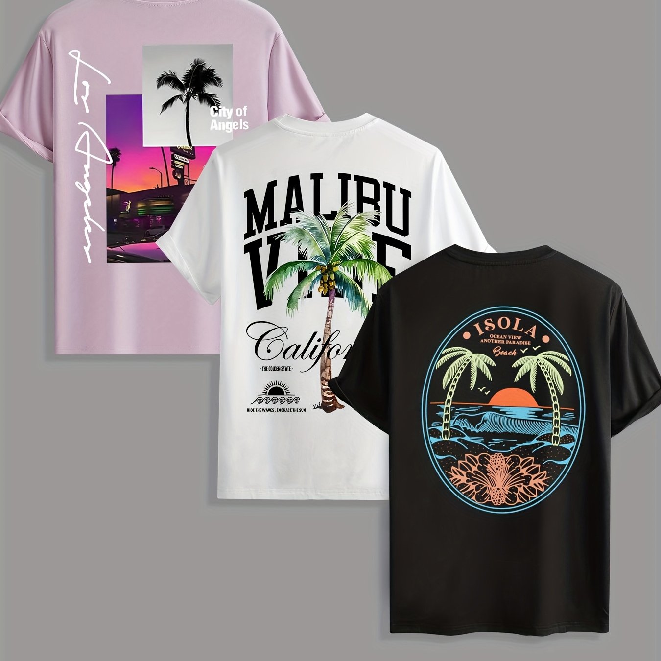 Men'S "MALIBU VIA California" Beach Coconut Tree Graphic T-Shirt - Casual Summer Tee with Palm Tree & Sunset Design, Short Sleeve, Round Neck, Knitted Fabric, Perfect for Outdoor Activities, Beachwear Tee | Relaxed Fit Tee |