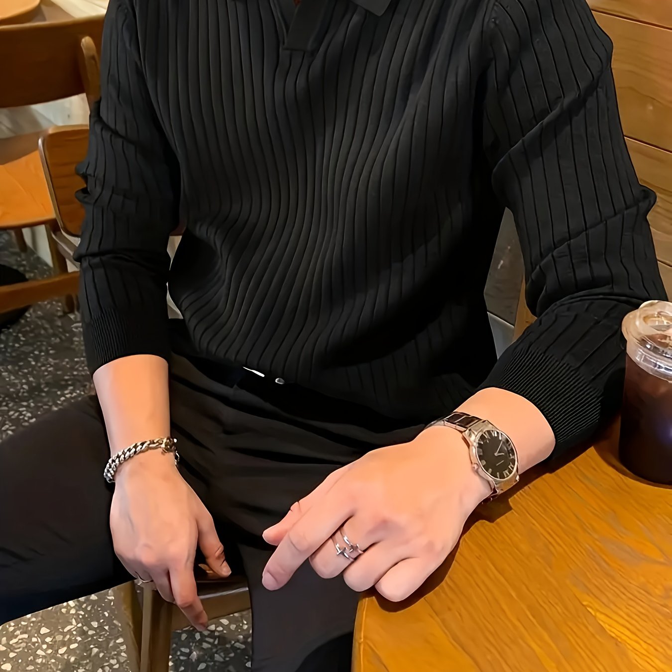 Iron Genghis OBM Men's Casual Long Sleeve Knit Sweater - Solid Color Ribbed Collar & Cuffs, High Elasticity Ribbed Texture, Regular Fit Autumn Winter Pullover, Ribbed Sweater, Everyday Pullover, Stylish Pullover, Highelastici