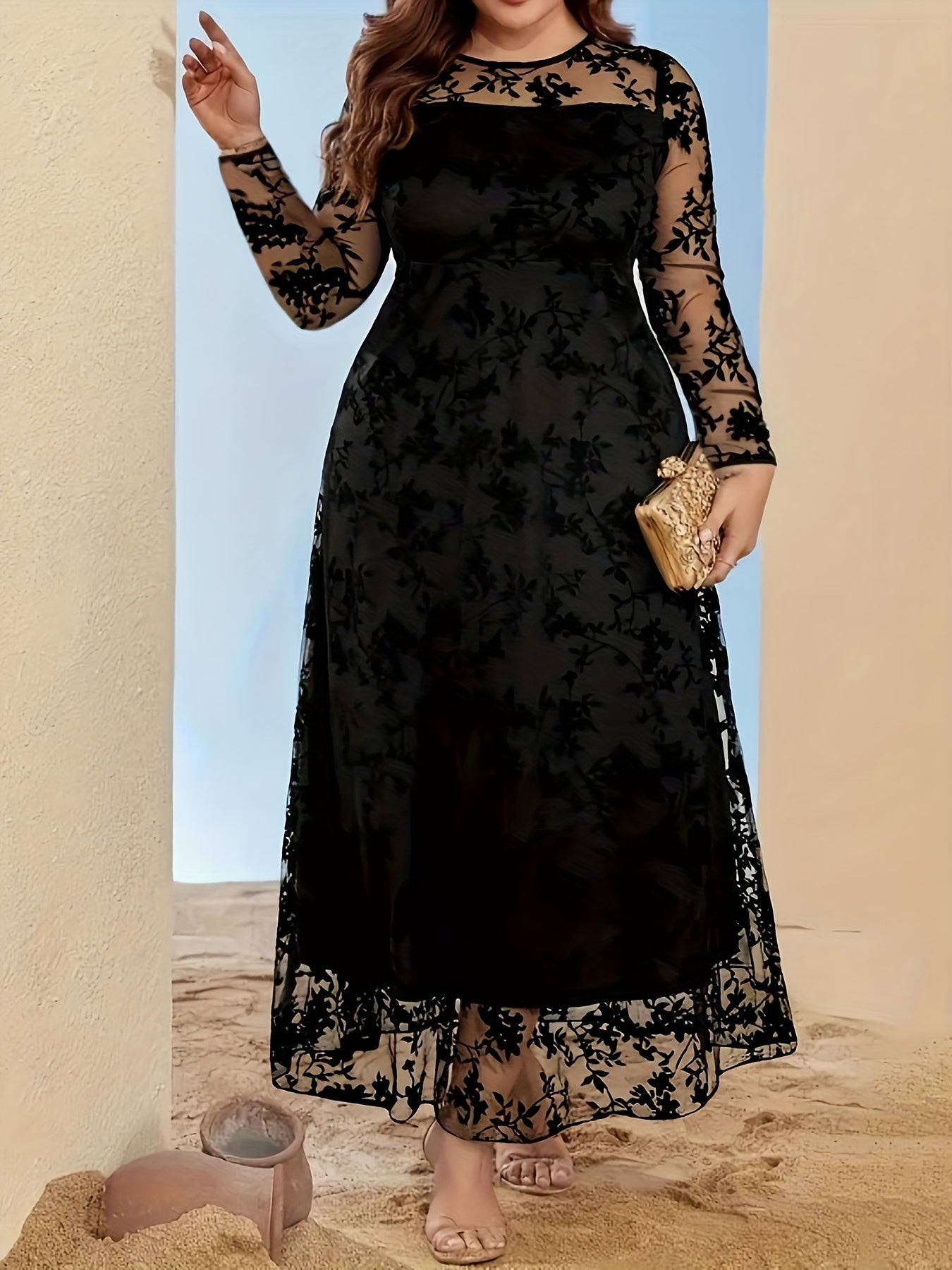 Robe Grande Taille Élégante – Imprimé, Manches Longues, Ourlet en Mesh Flocké, Haut Bodycon et Jupe Évasée en Forme de Cloche, Toutes Saisons, Tenues de Fête, Couture de Qualité, Tissu Respirant