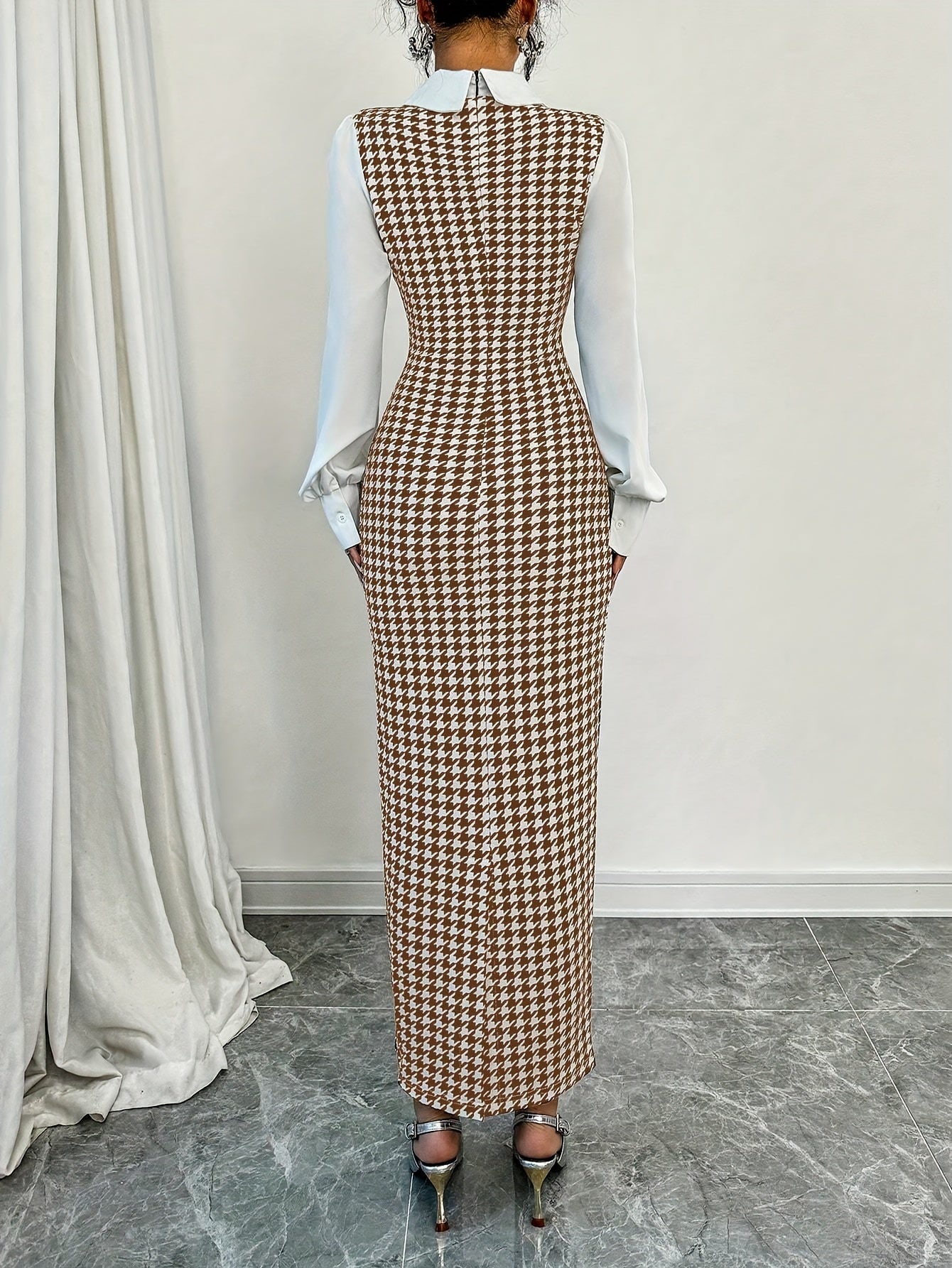 Ladies' Elegant Houndstooth Slim-Fit Lantern Sleeve Dress