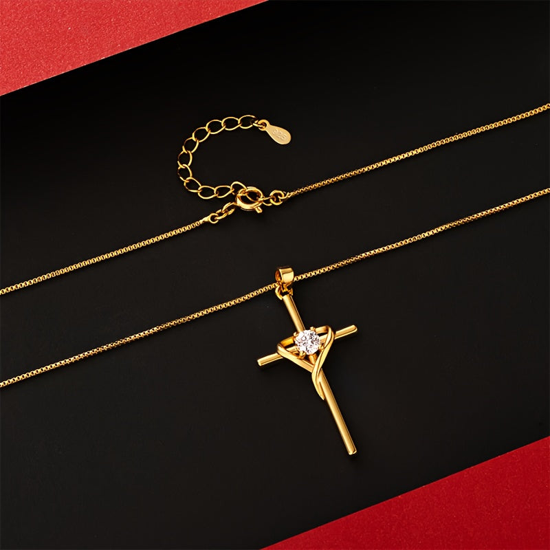 Collier croix pour femme en argent 925, zirconia synthétique doré, design élégant et raffiné, parfait pour un usage quotidien, cadeau idéal pour la Saint-Valentin, Noël ou anniversaire, livré dans un coffret cadeau raffiné