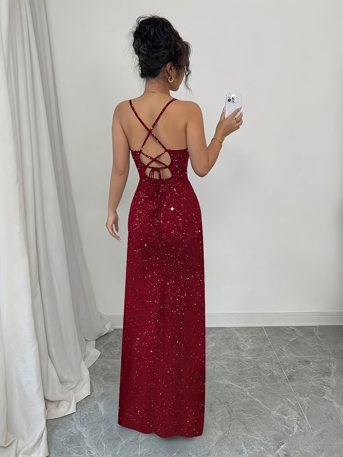 A Lady'S Bridesmaid Dress, an Elegant Red Spaghetti Strap Long Gown Adorned with Sequins, Featuring a Sparkling Split Hem, Perfect for Parties, Weddings, And Cocktail Events. It Is Machine Washable.