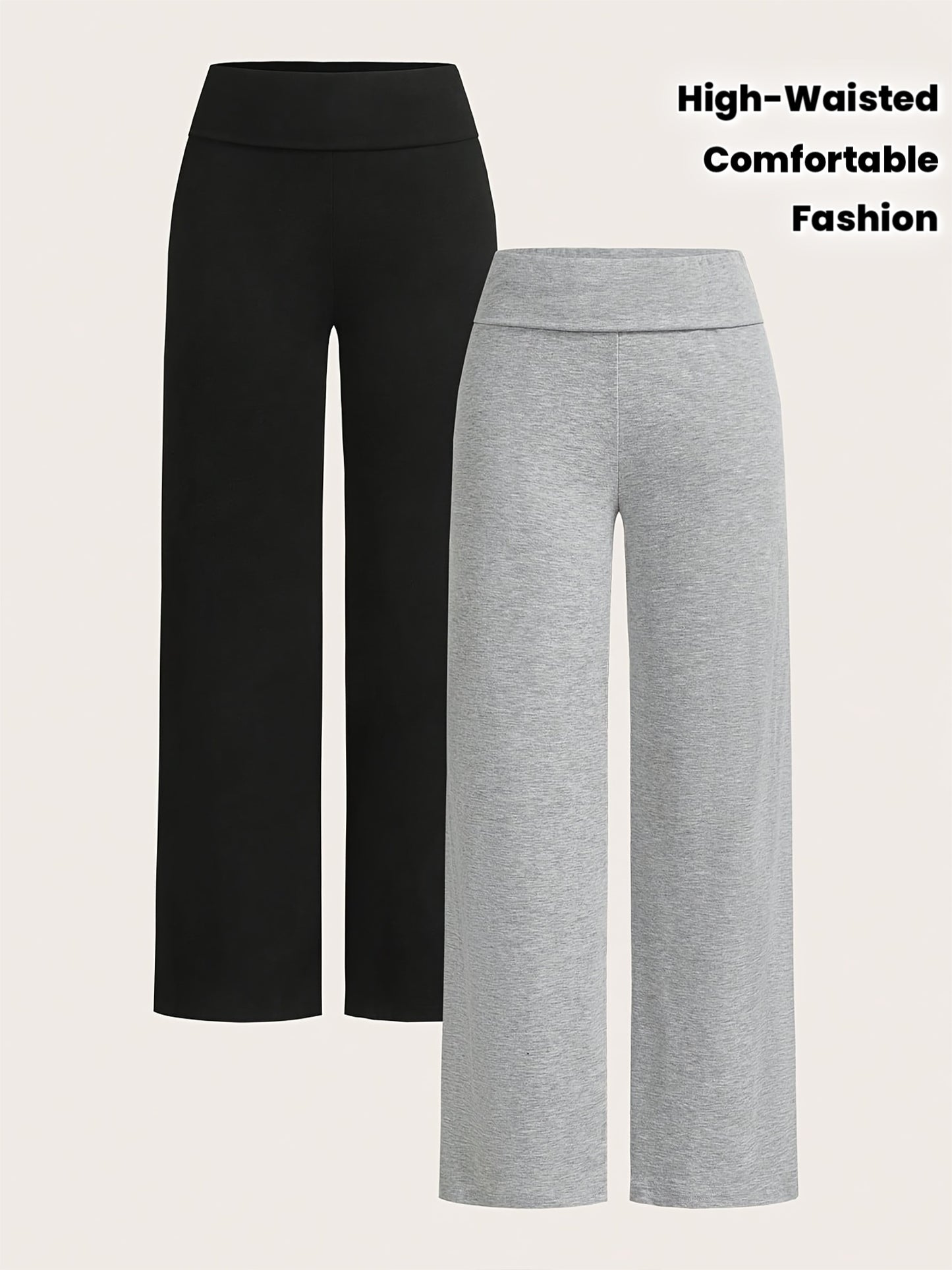 Lot de 2 Pantalons Femme – Taille Haute, Jambe Large Droite, Décontracté et Confortable, Tous Saisons
