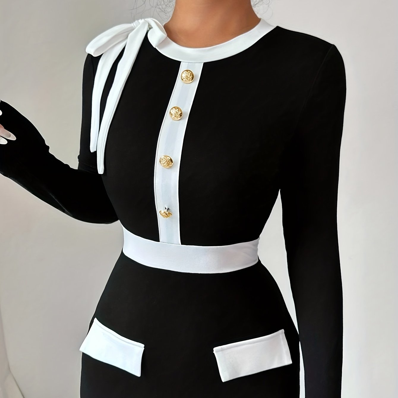 Elegant Color Block Long Sleeve Crew Neck Dress with Shoulder Bowknot | Bodycon Fit, Perfect for Daily Commute and Casual Wear