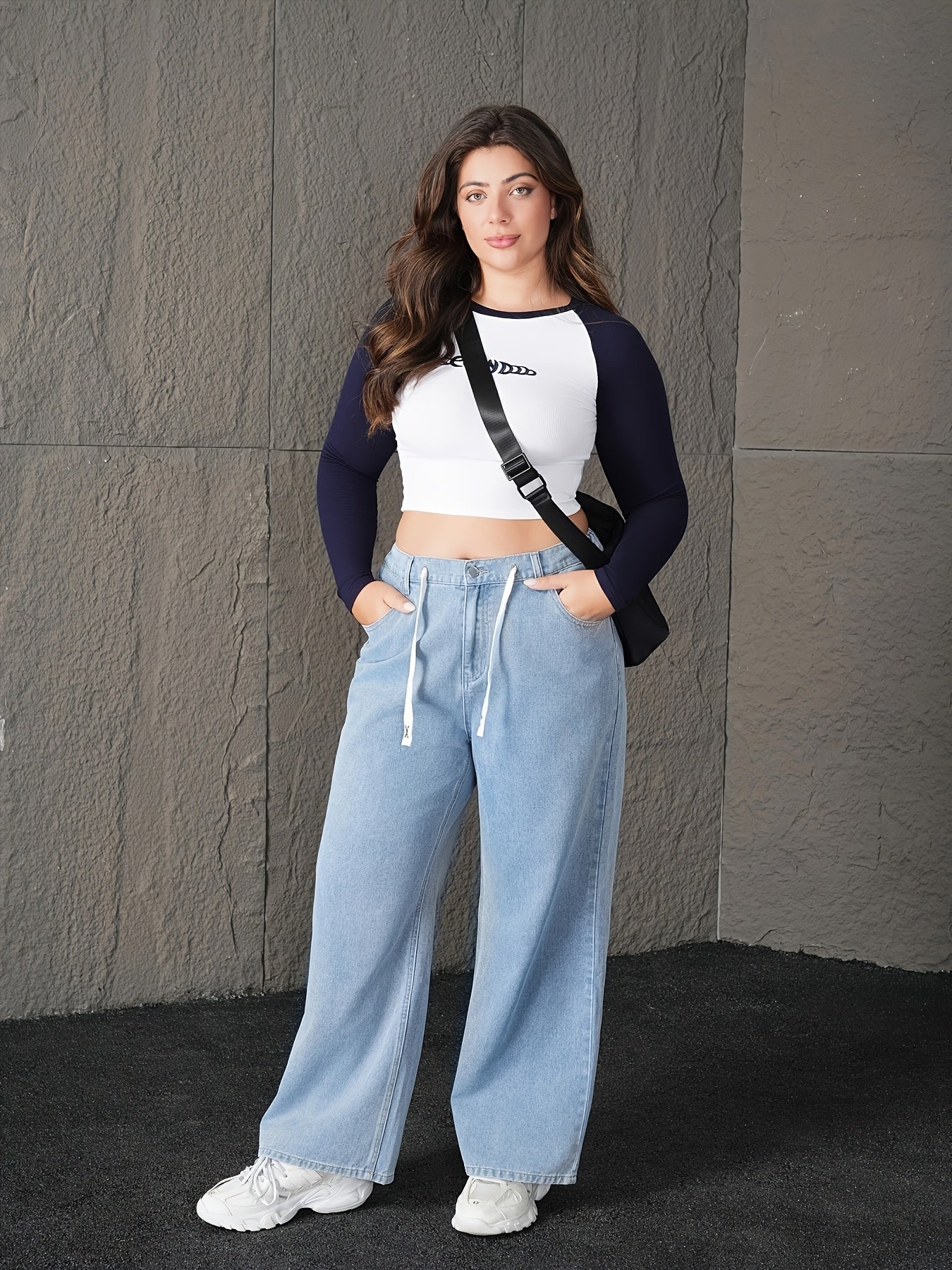 Jeans Femme Grande Taille Taille Haute Jambe Large Non Extensible Ceinture Cordon Toute Saison Polyvalent