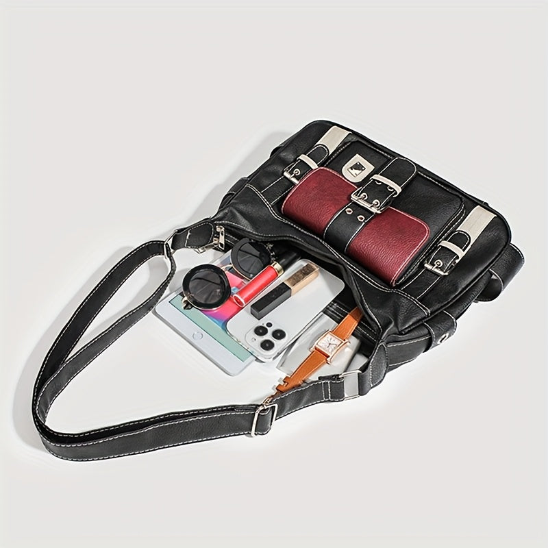 Sac tote rétro urbain pour femmes – Noir, bandoulière réglable, poches zippées