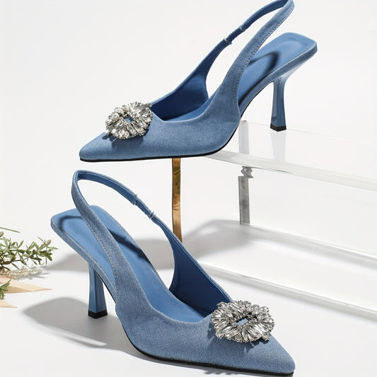 Sandales à Talons Aiguilles pour Femme – Bout Pointu Bleu, Bride à la Cheville en Verre, Enfilage Facile, Élégantes et Polyvalentes Toutes Saisons pour Occasions Décontractées et Formelles, Semelle en Caoutchouc pour Stabilité