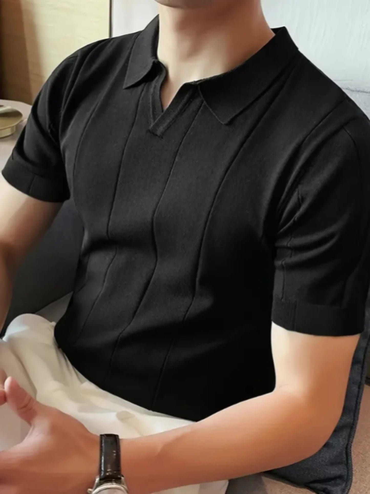 Men'S Solid Color Knitted Short-Sleeve Polo Shirt for Business Casual Wear