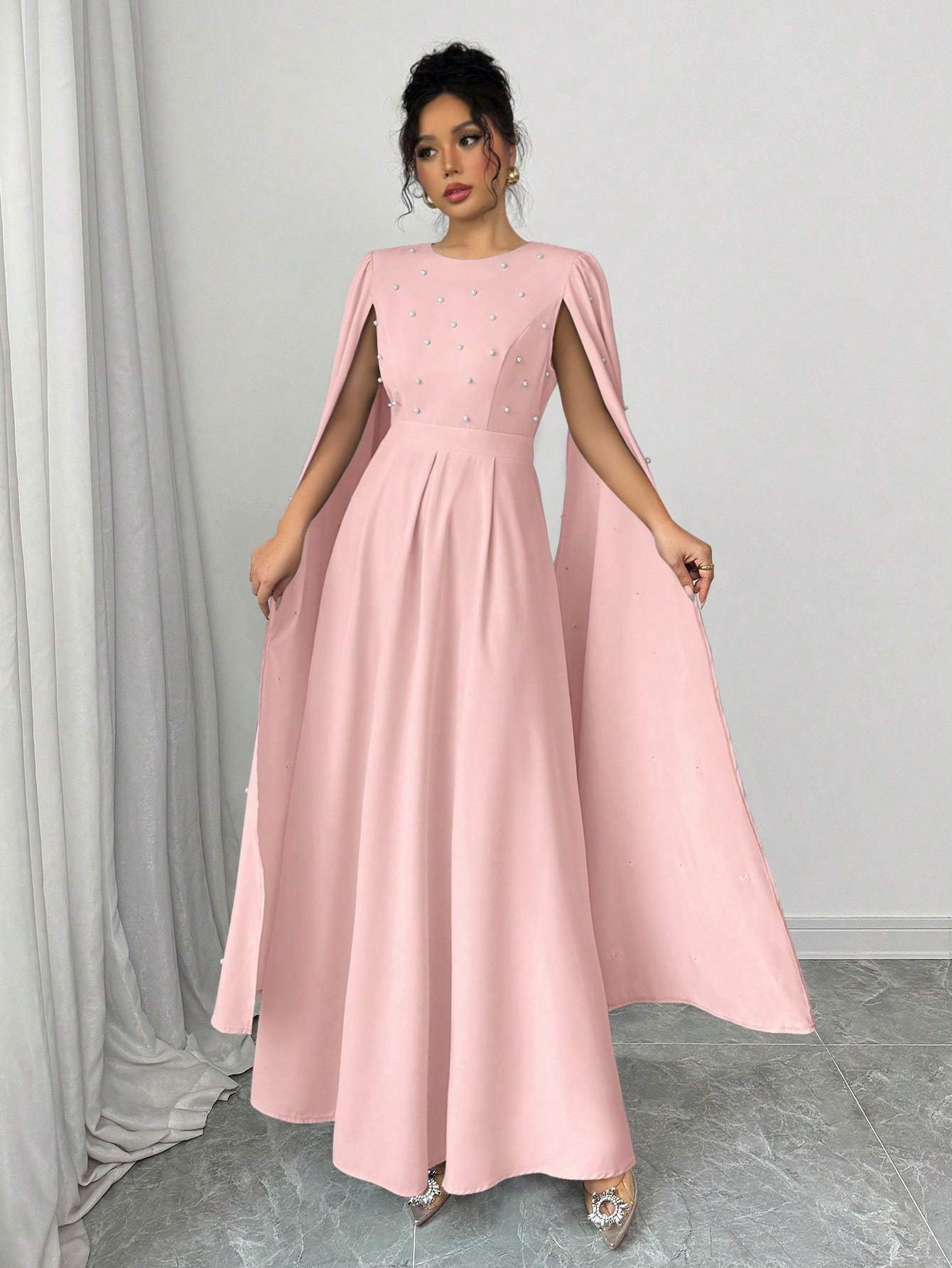 Cloak Sleeve Dress with Pearl Embellishments, Elegant And Fitted, Vintage Style, Evening Gown.