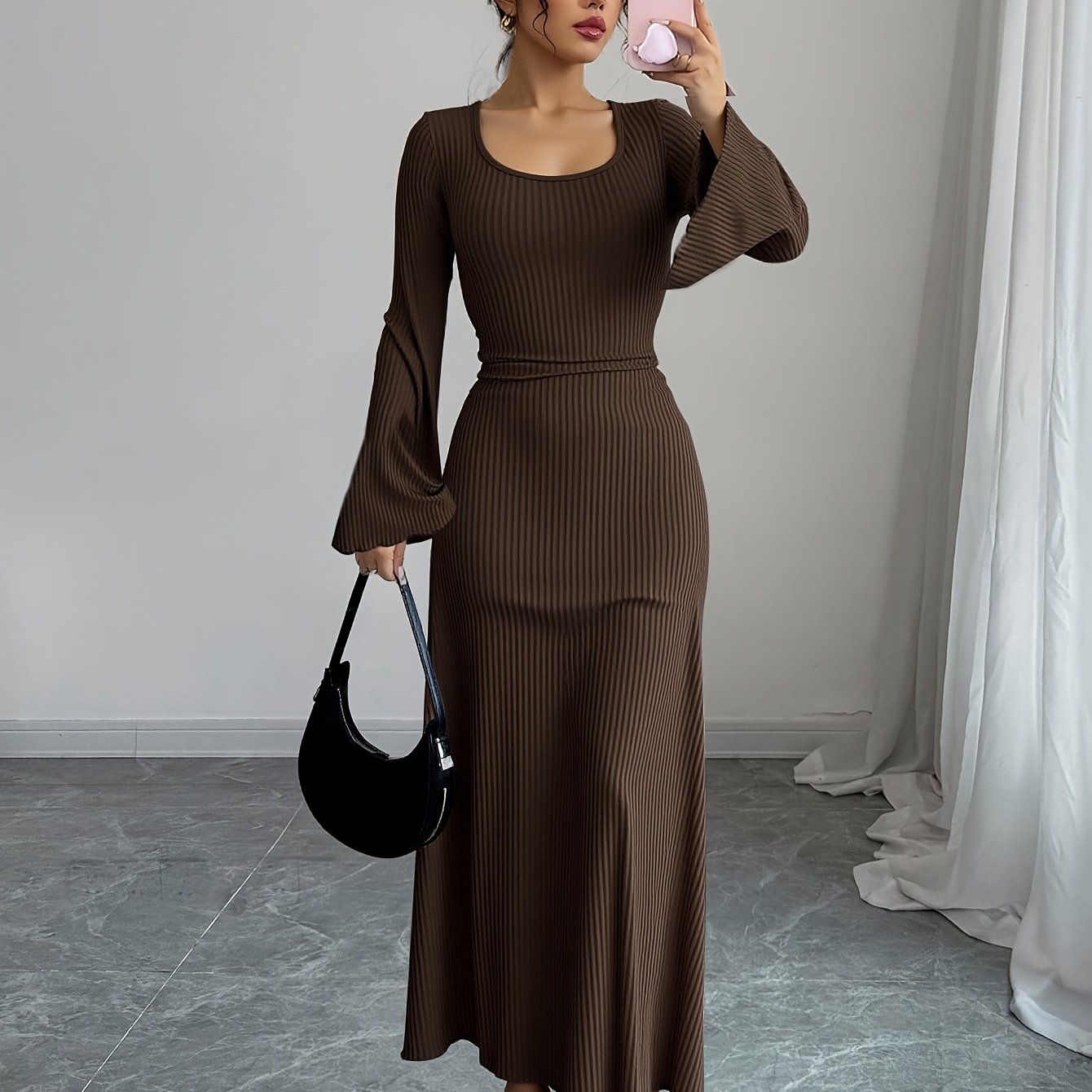 Robe Maxi Traditionnelle Femme Élégante – Couleur Unie, Manches Bouffantes, Nœud au Dos, Silhouette A-Ligne, Col Rond, Longue, Idéale Événements Formels