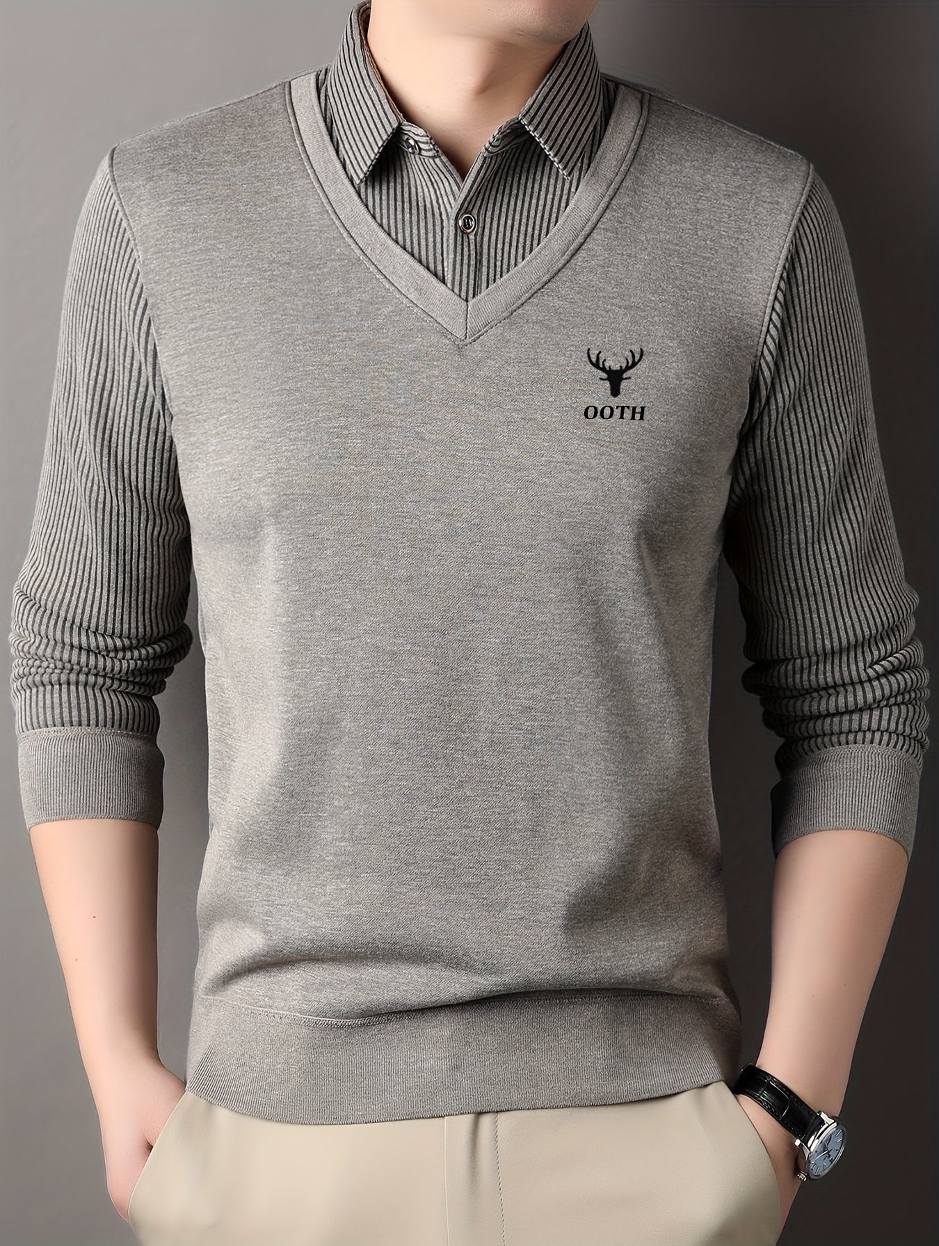 Men'S Spring And Autumn Thin Fake Two-Piece Lapel Button Long-Sleeved Knitted Pullover, Chest Embroidery, Button Placket, Suitable for Daily Commuting, Travel And Office And Other Scenes, Is The First Choice for Gifts