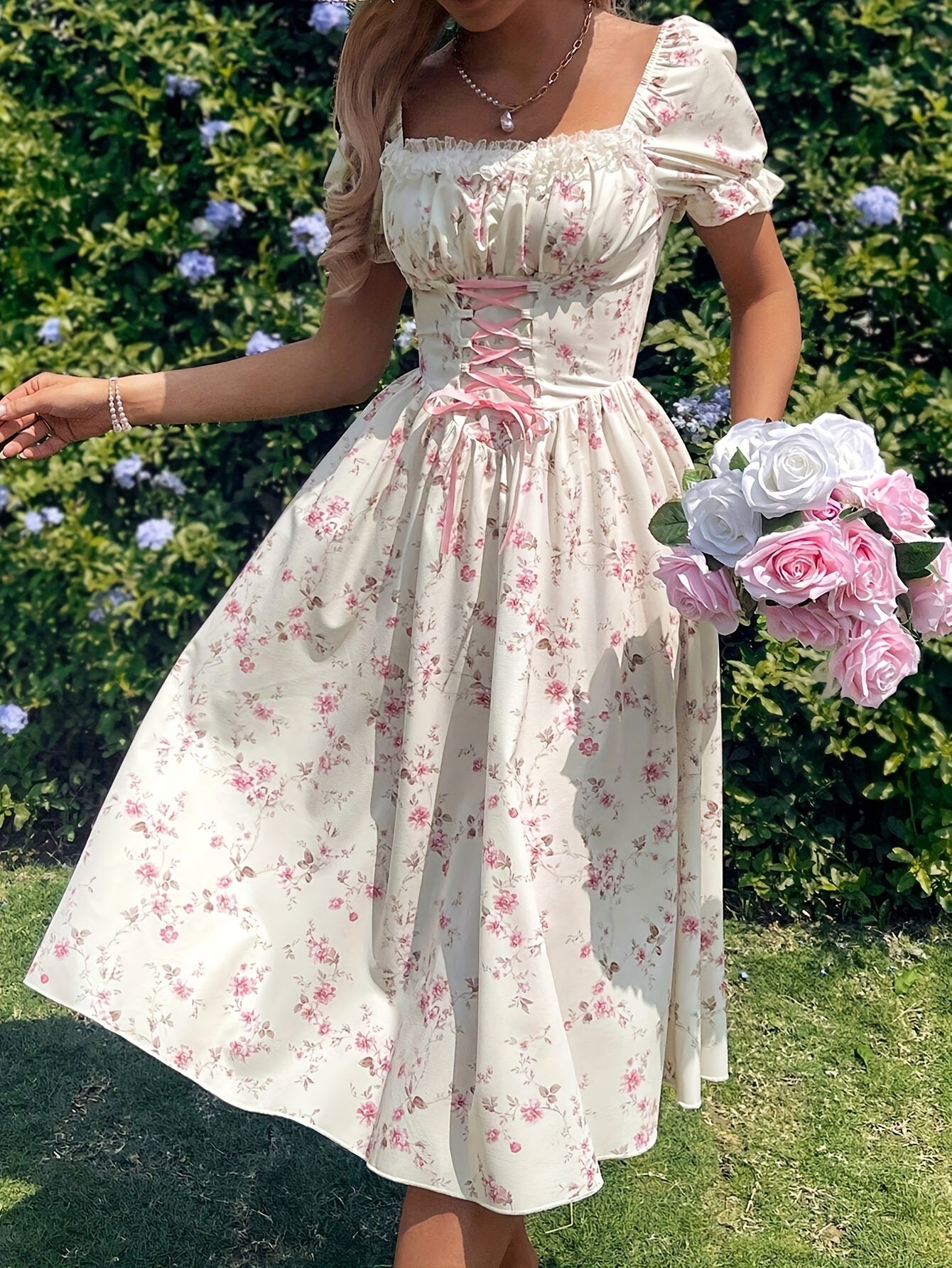 Robe longue fleurie femme – Col carré, manches bouffantes et dentelle, élégante et chic