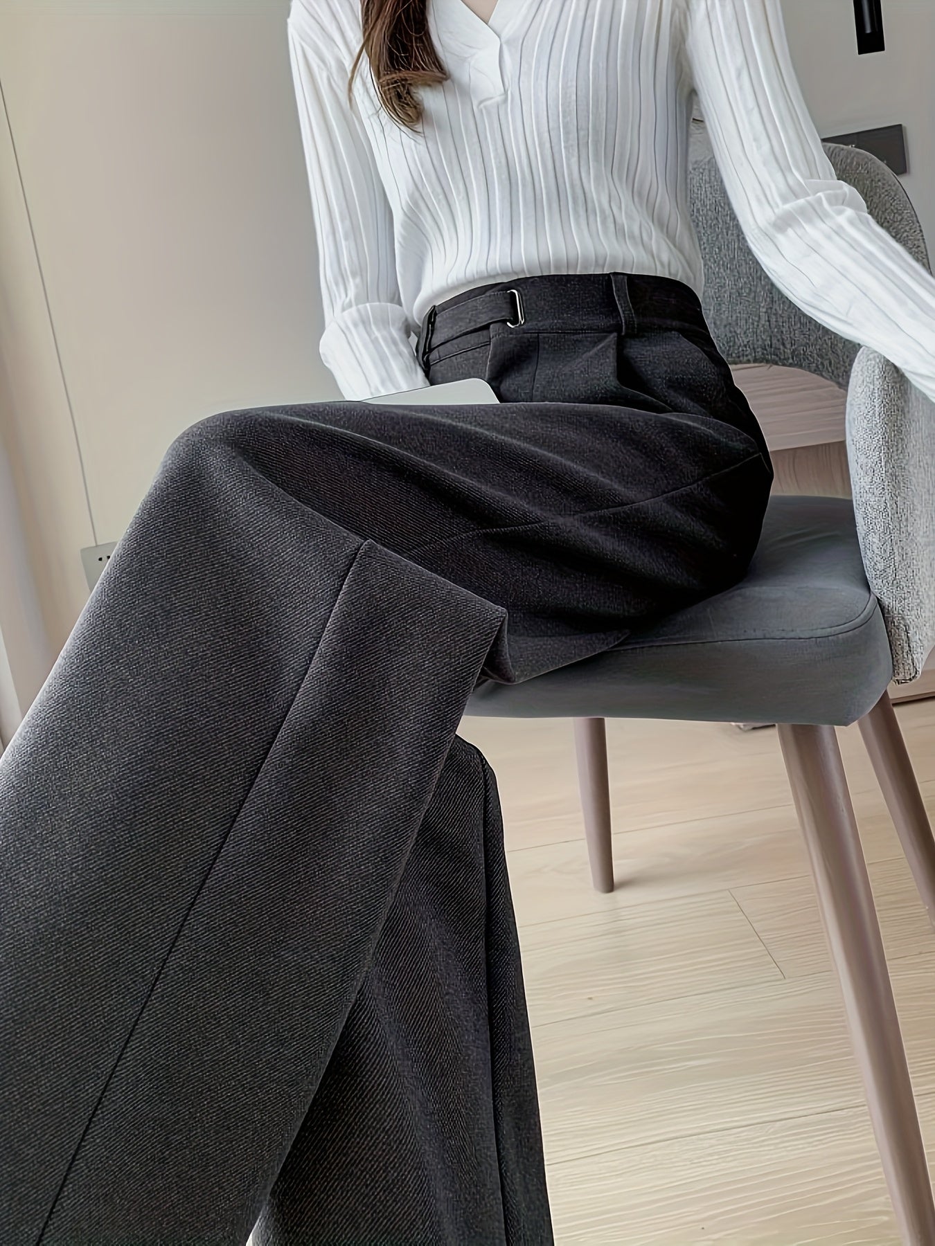 Pantalon Femme en Tweed – Gris, Taille Haute, Jambe Droite, Automne/Hiver, Sans Ceinture