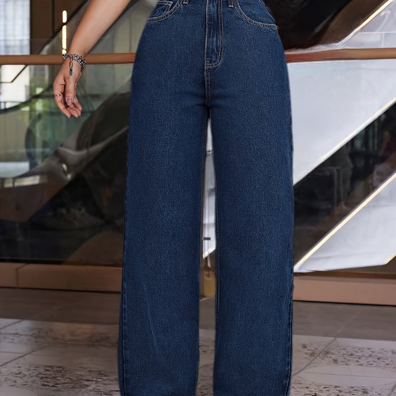 Pantalon Femme Bleu Foncé Jambe Large Extensible Toute Saison