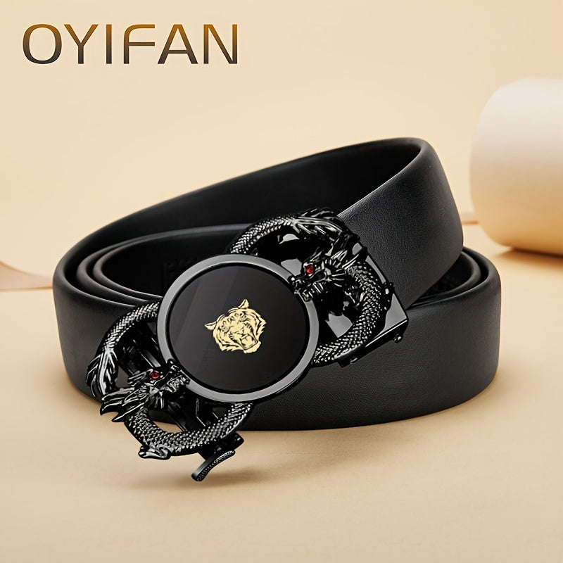 Ceinture glamour en cuir noir – Boucle automatique en alliage, embellissement dragon, taille polyvalente pour femmes et hommes