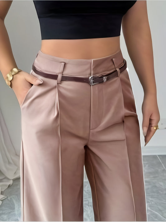 Pantalon Femme Noir Chic – Jambe Droite Taille Haute avec Ceinture Vintage, Bureau et Décontracté, Printemps/Été/Automne