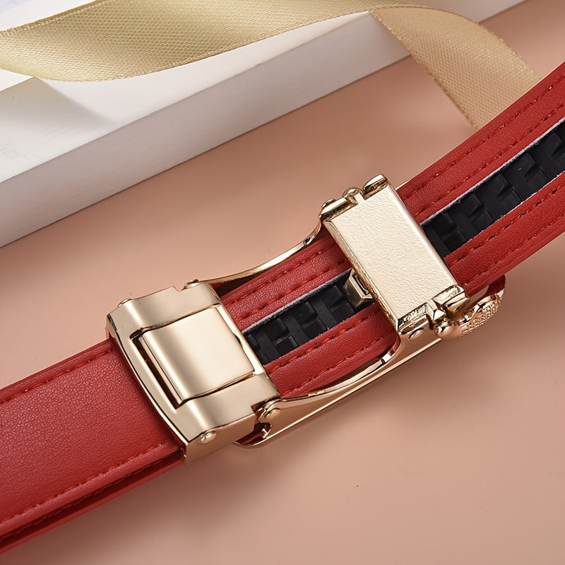 Ceintures pour femmes – Boucle automatique, design polyvalent sans trous, pour jeans et tenues décontractées, options rouge et noir, ceinture décontractée, design de boucle stylée, boucle dorée