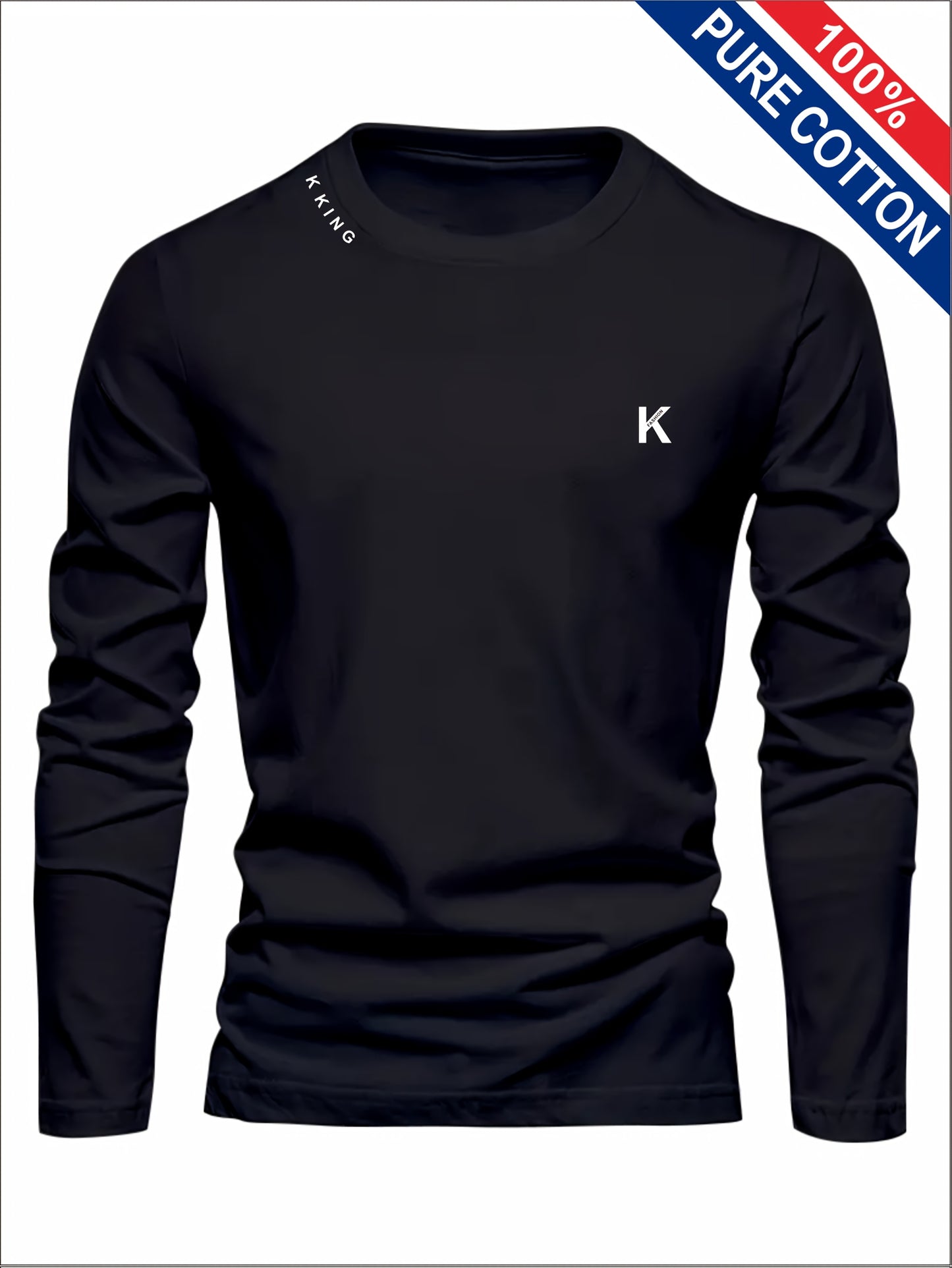Men's pure cotton long sleeved T-shirt with letter print, casual round neck, breathable sports top, comfortable regular style, fashionable, ideal gift for outdoor activities, regular sleeve length, suitable for all seasons