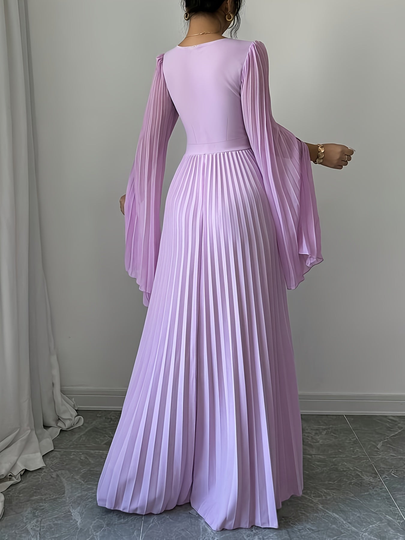 Women's Elegant V-Neck Pleated Open Sleeve Maxi Dress - Fitted Solid Color Machine Washable Spring/Summer Casual & Formal Outfit, Spring Fashion, Quality Craftsmanship