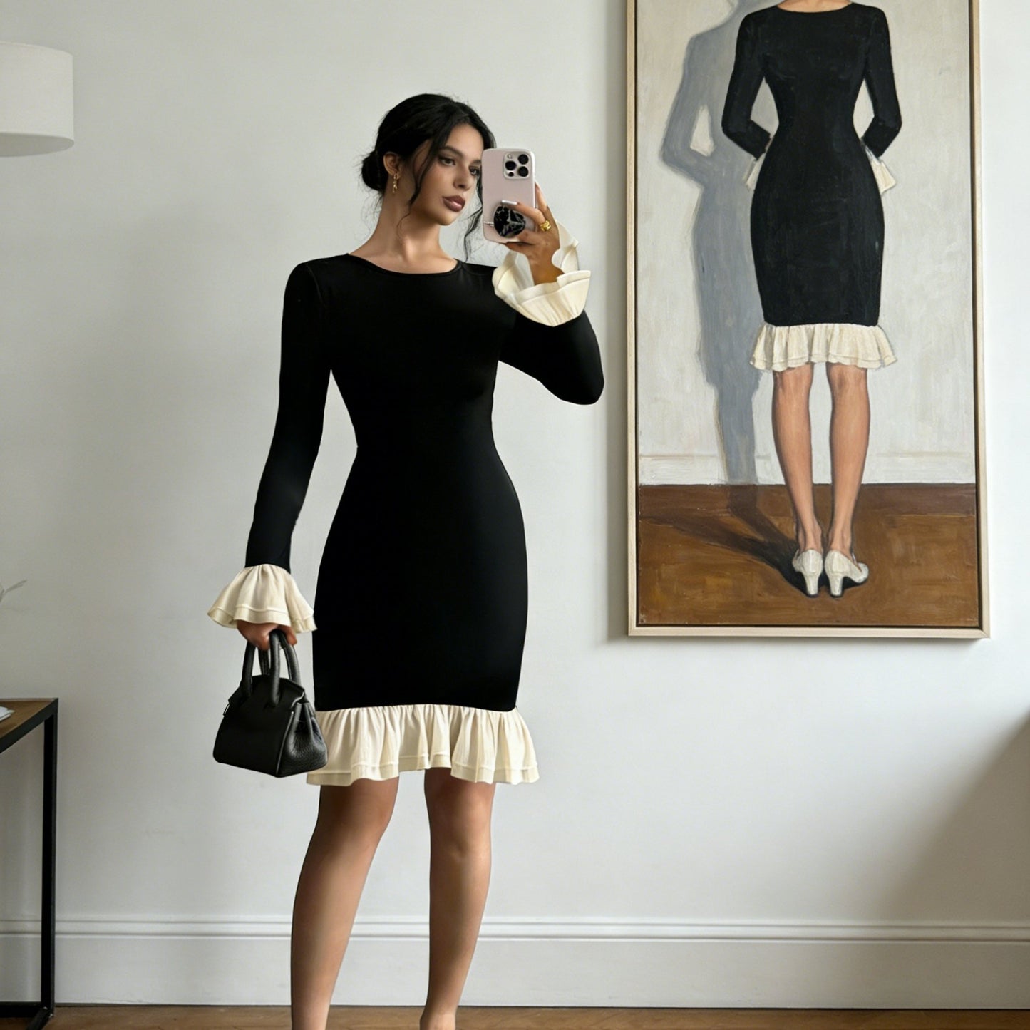 Autumn-Winter Long Sleeve Mushroom Lace Design Fashionable Bodycon Skirt