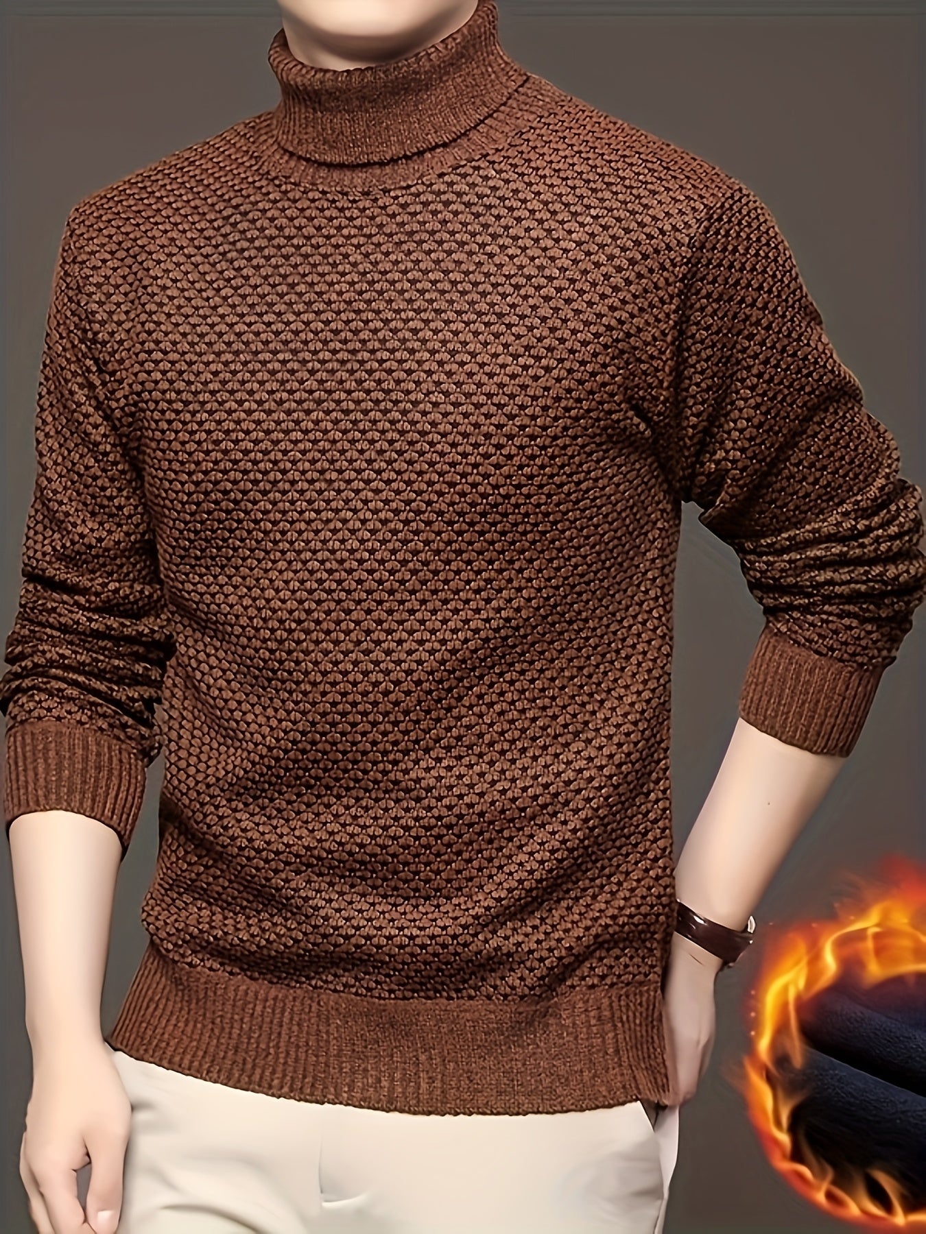 Men'S Autumn Jacquard Knit Sweater with a High Collar, Stylish And Fleece-Lined.